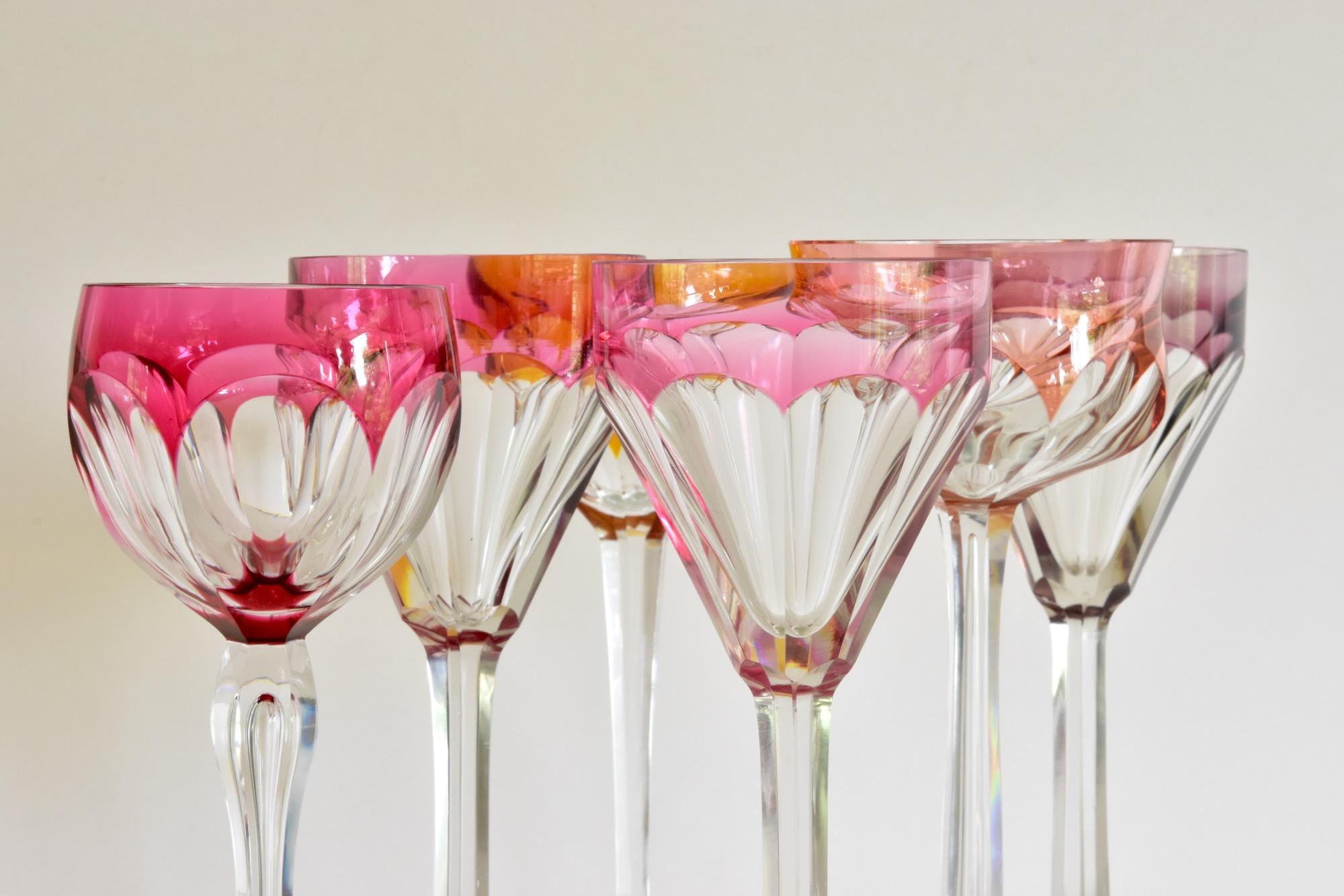 Set of 6 Bohemian Multicolored Antique Crystal Wine Glasses In Good Condition In Krefeld, DE