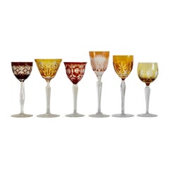 Set of 6 Bohemian Multicolored Antique Crystal Wine Glasses