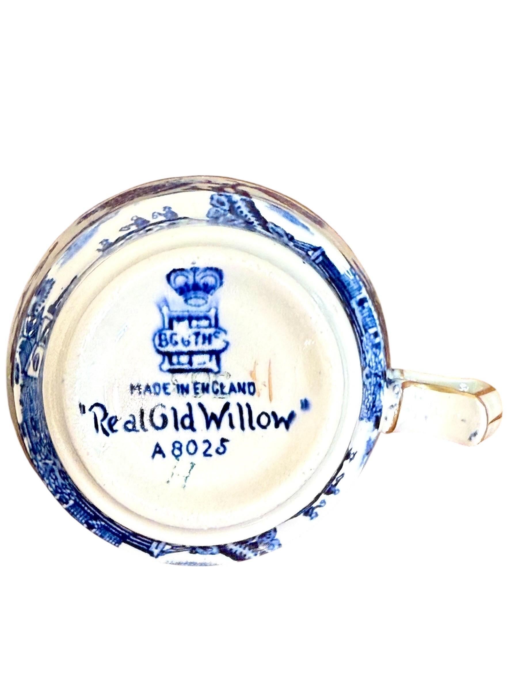 This elegant set of six cups and saucers was produced by Booths, England, in their celebrated Real Old Willow pattern, a design cherished by collectors worldwide. Crafted in fine English earthenware, each piece is beautifully decorated in a deep