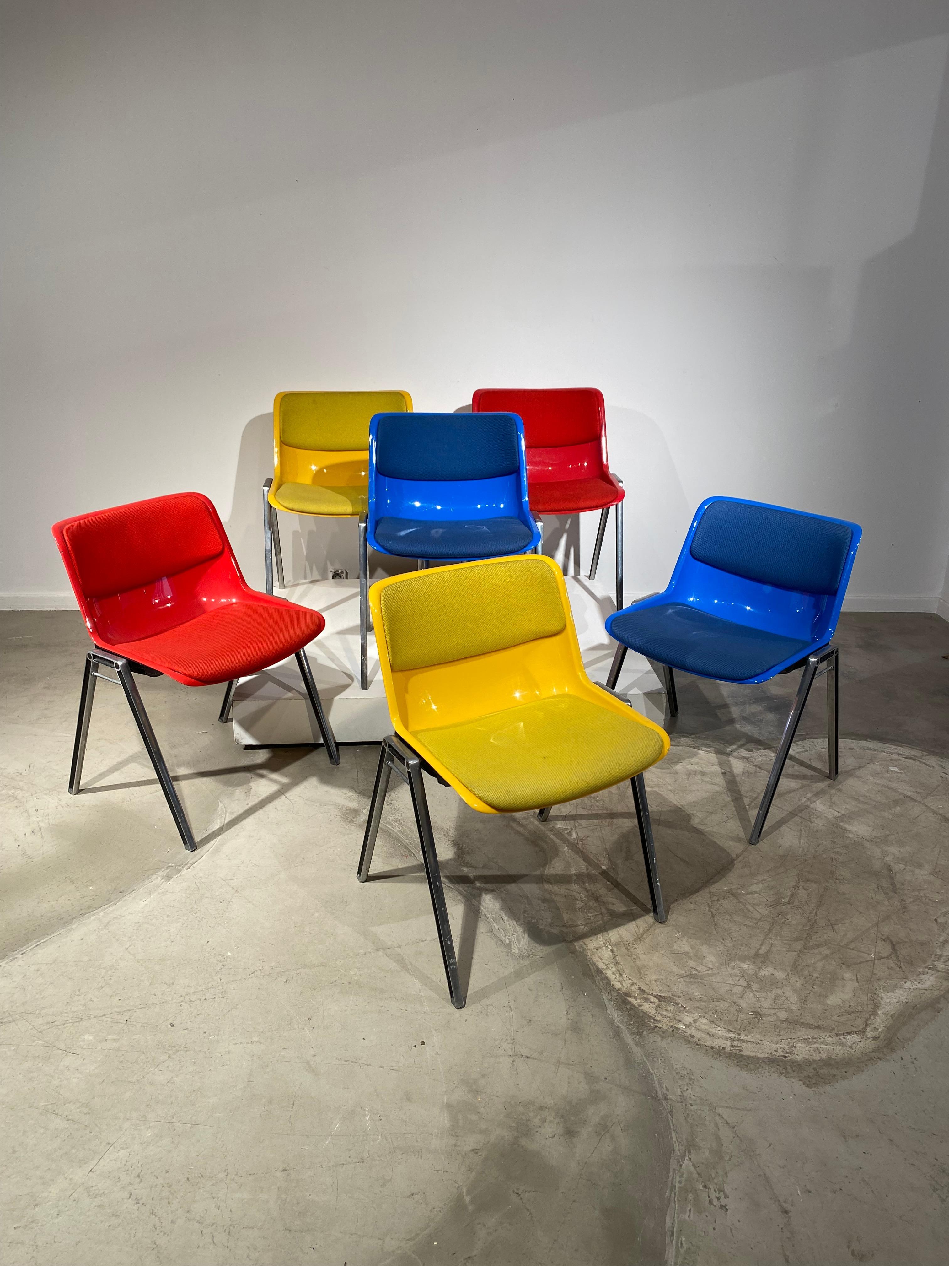 Mid-Century Modern Set of 6 Borsani Dining Chairs Blue, Red & Yellow