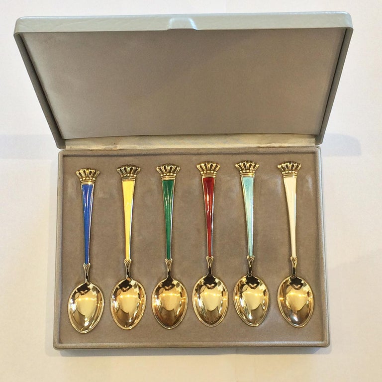 Set Of 6 Boxed Art Deco Silver And Enamel Teaspoons By Sorenco