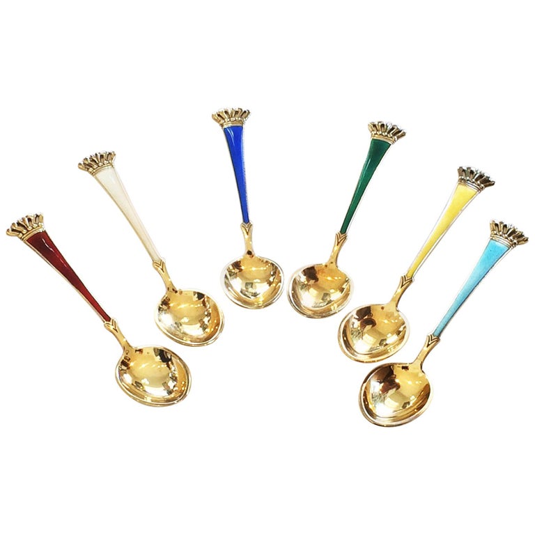 Set Of 6 Boxed Art Deco Silver And Enamel Teaspoons By Sorenco