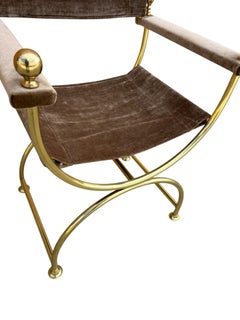 Set of 6 Brass and Velvet Curule Savonarola Chairs