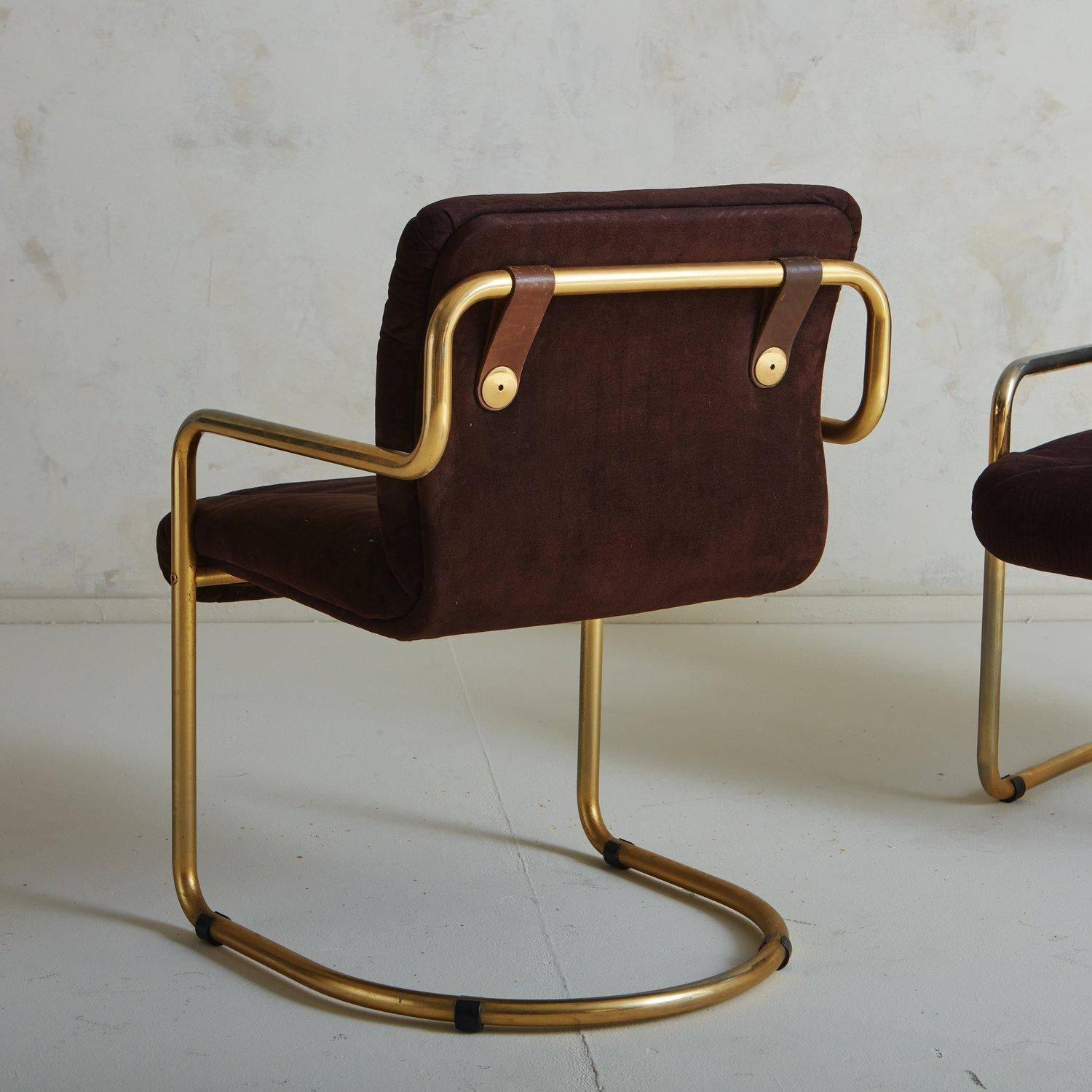 Set of 6 Brass + Brown Cantilevered Dining Chairs with Leather Straps, France 7