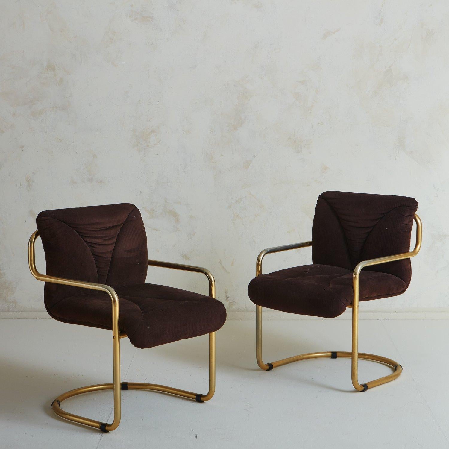 Mid-Century Modern Set of 6 Brass + Brown Cantilevered Dining Chairs with Leather Straps, France