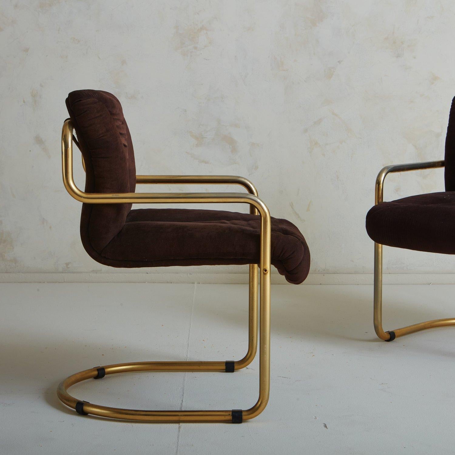 French Set of 6 Brass + Brown Cantilevered Dining Chairs with Leather Straps, France