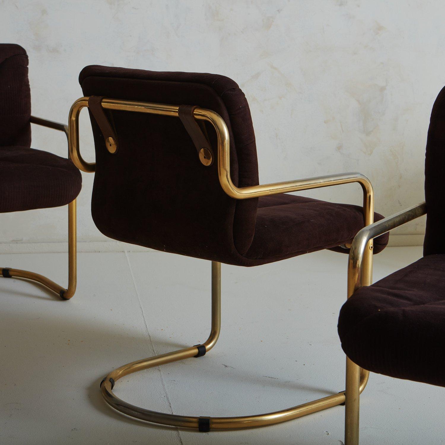 Late 20th Century Set of 6 Brass + Brown Cantilevered Dining Chairs with Leather Straps, France