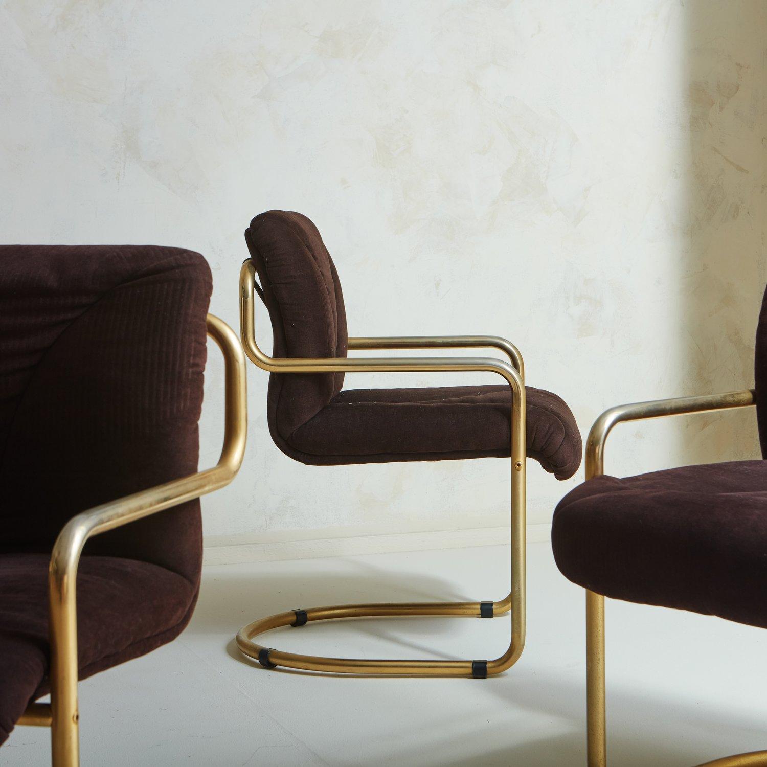 Set of 6 Brass + Brown Cantilevered Dining Chairs with Leather Straps, France 1