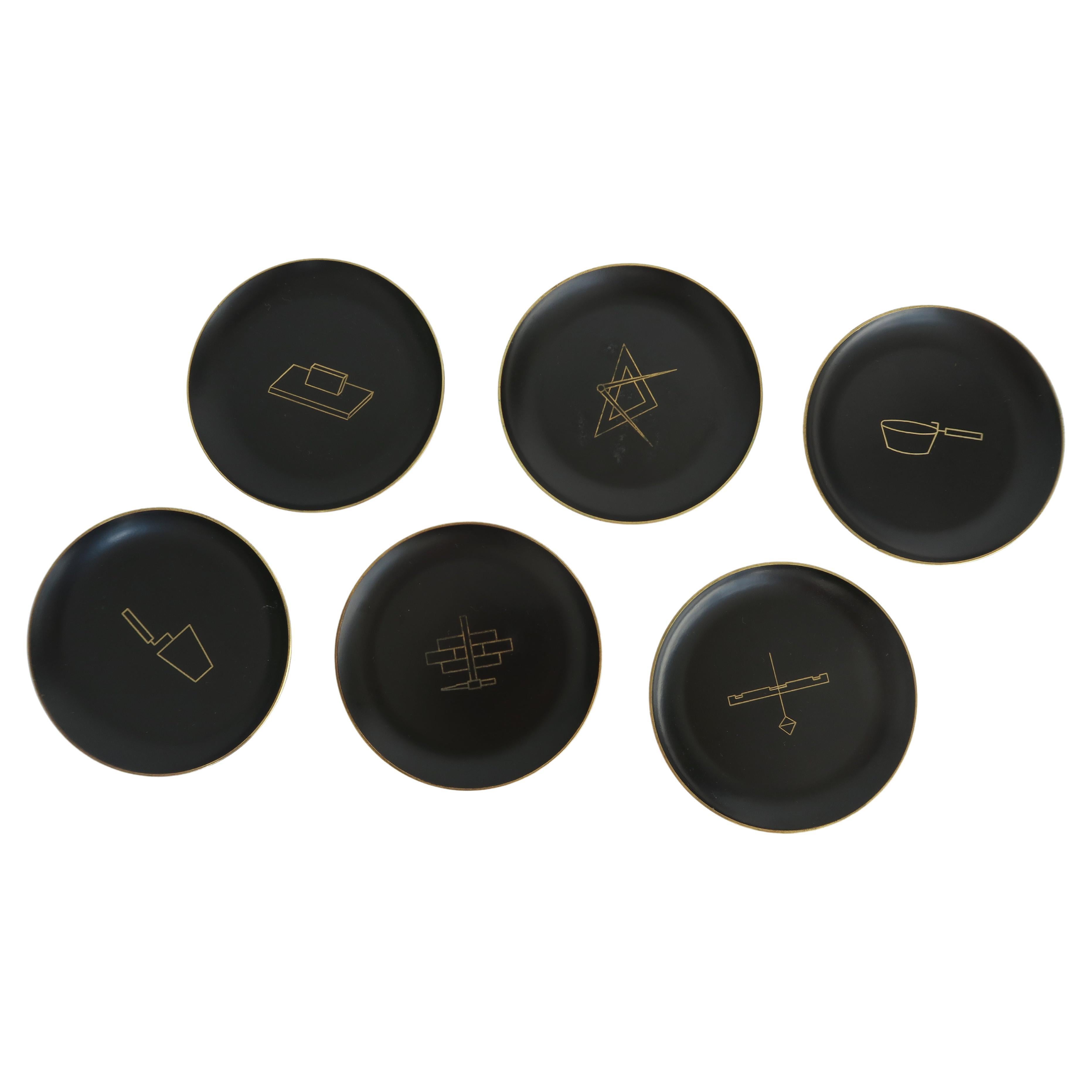 Set of 6 Brass Coasters with Freemasons Motives by Carl Auböck