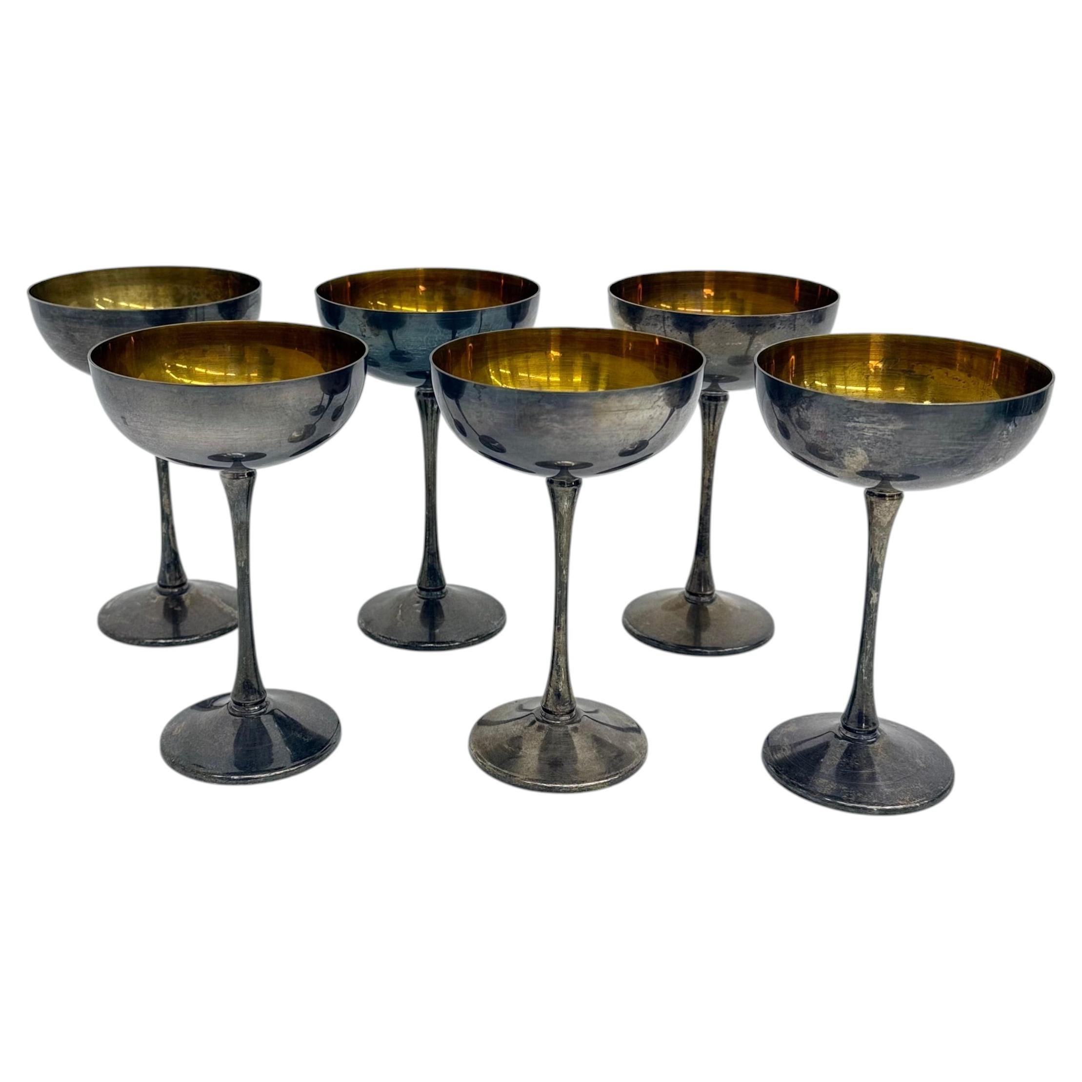 Set of 6 brass silver plated champagne coupes , 1970s Italy