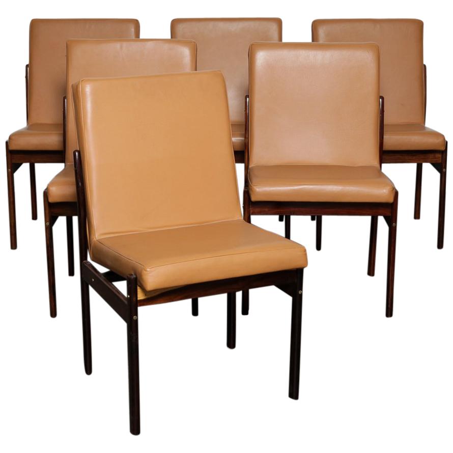Set of 6 Jorge Zalszupin Brazilian Rosewood Bent Back Dining Chairs in Leather For Sale
