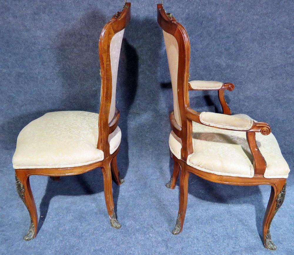 Set of 6 Bronze Mounted Francois Linke Style Walnut Dining Chairs In Good Condition In Swedesboro, NJ
