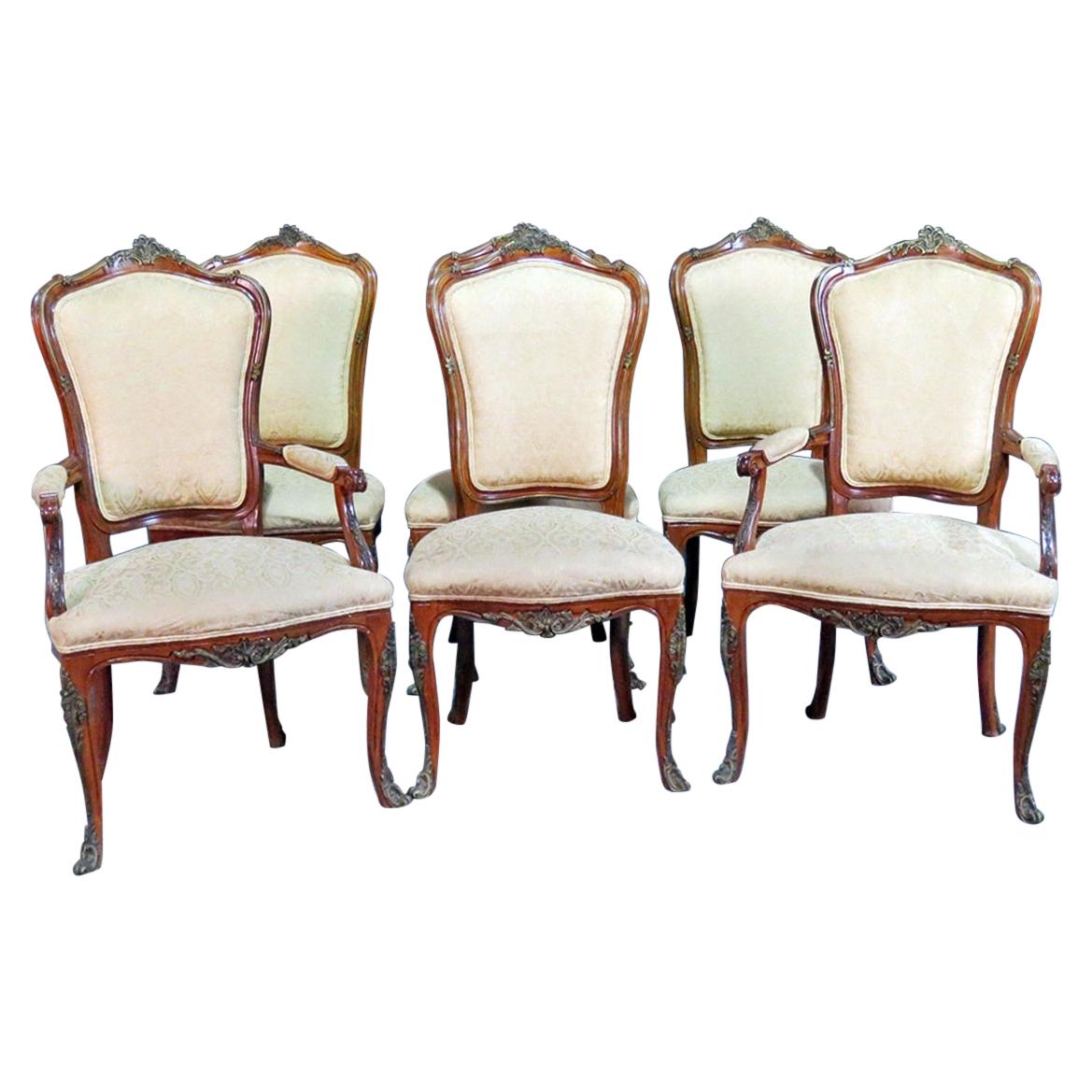 Set of 6 Bronze Mounted Francois Linke Style Walnut Dining Chairs