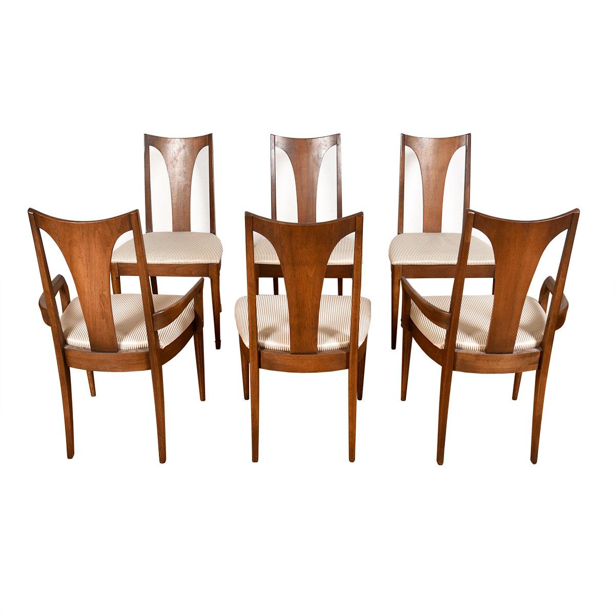 Set of 6 (2 Arm + 4 Side) Broyhill Brasilia Walnut Dining Chairs

Additional information:
Material: Upholstery
This is a set of 6 Broyhill Brasilia chairs in the second model that was issued having a central panel of walnut on the backrest and
