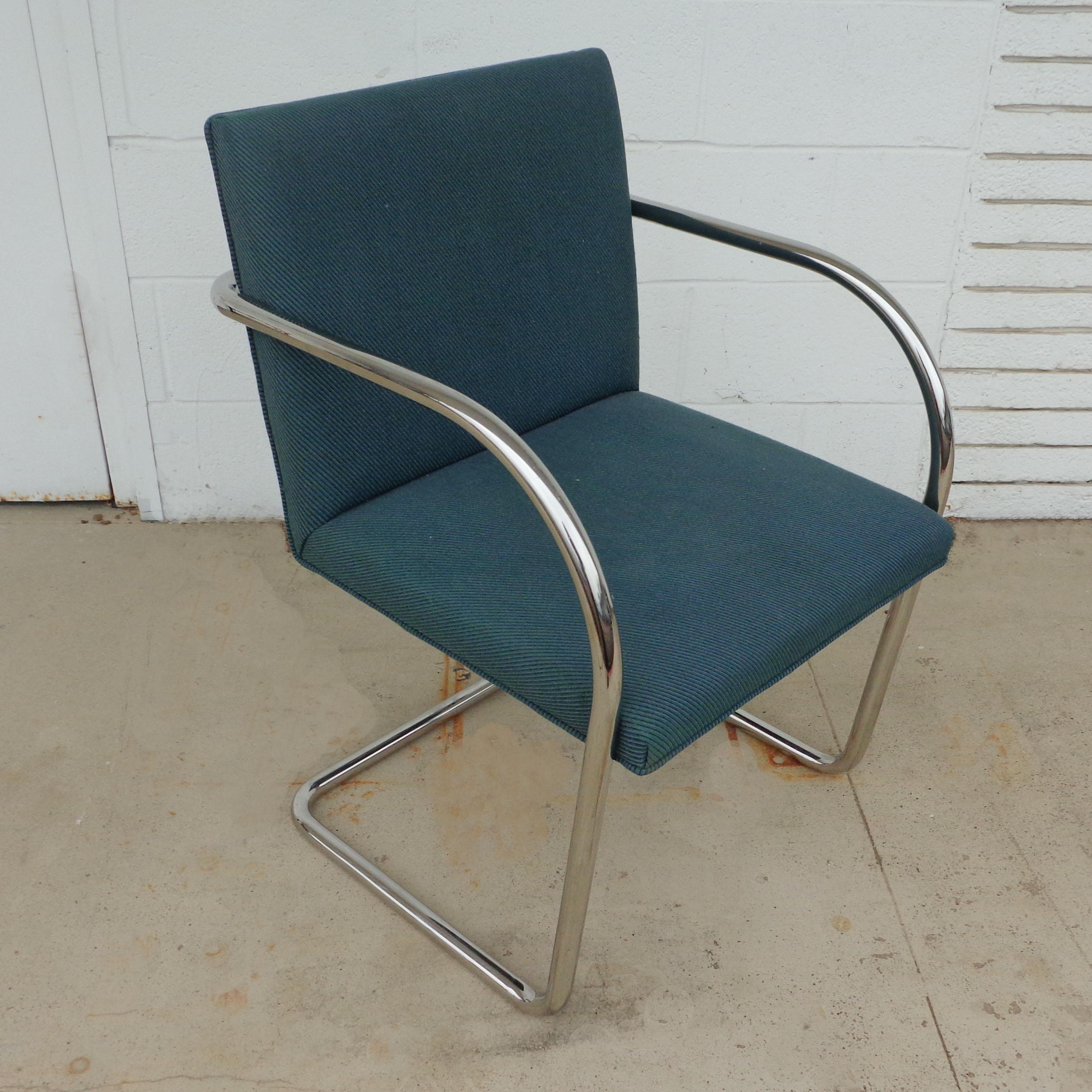 Set of 6 Brueton Industries Brno Tubular Chairs

Designed by Ludwig Mies van der Rohe. Stainless steel tubular frames. 
MFG label underneath.

 Seat height: 17.5