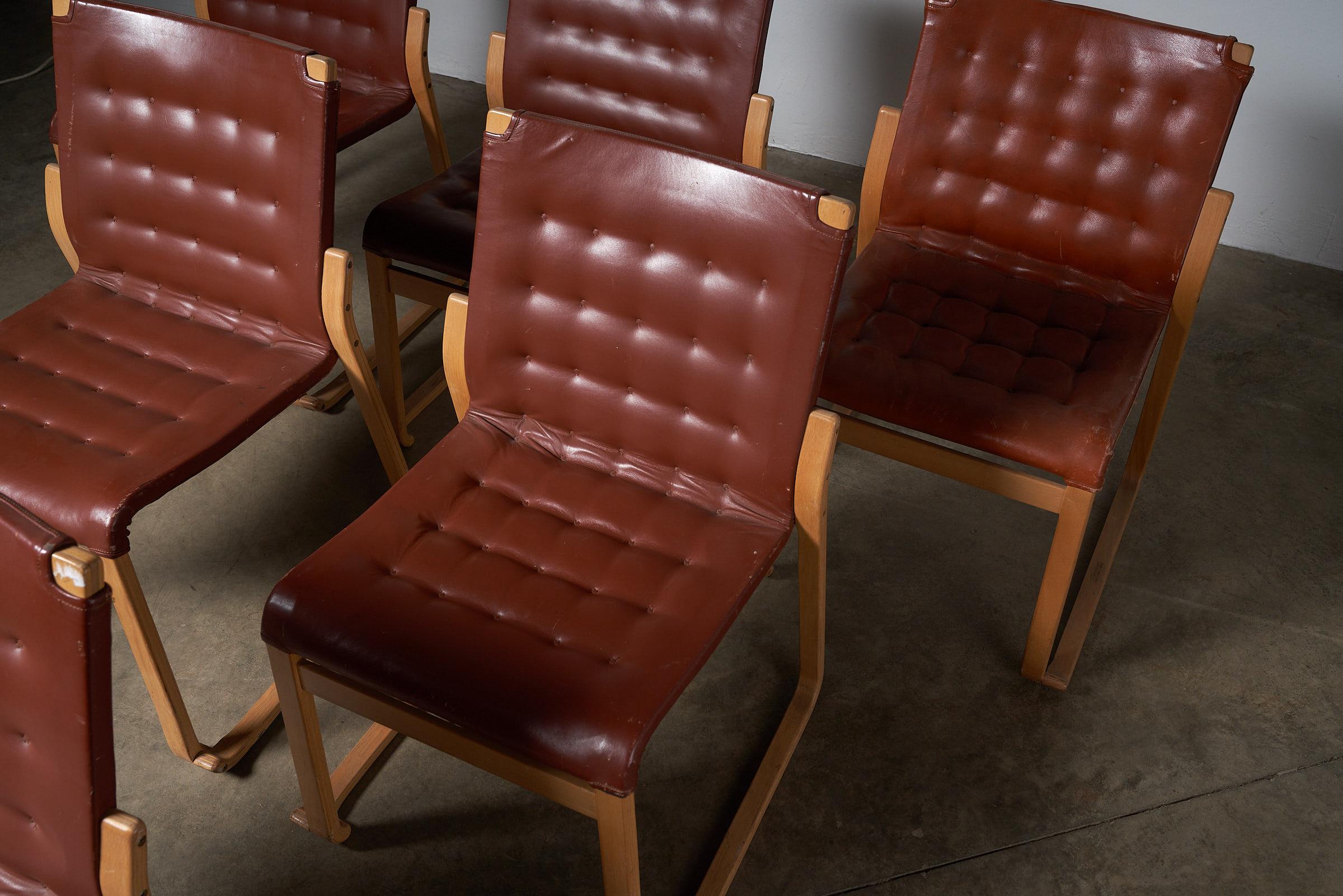 Leather Set of 6 Bruno Mathsson Mid-Century dinning chairs from Sweden