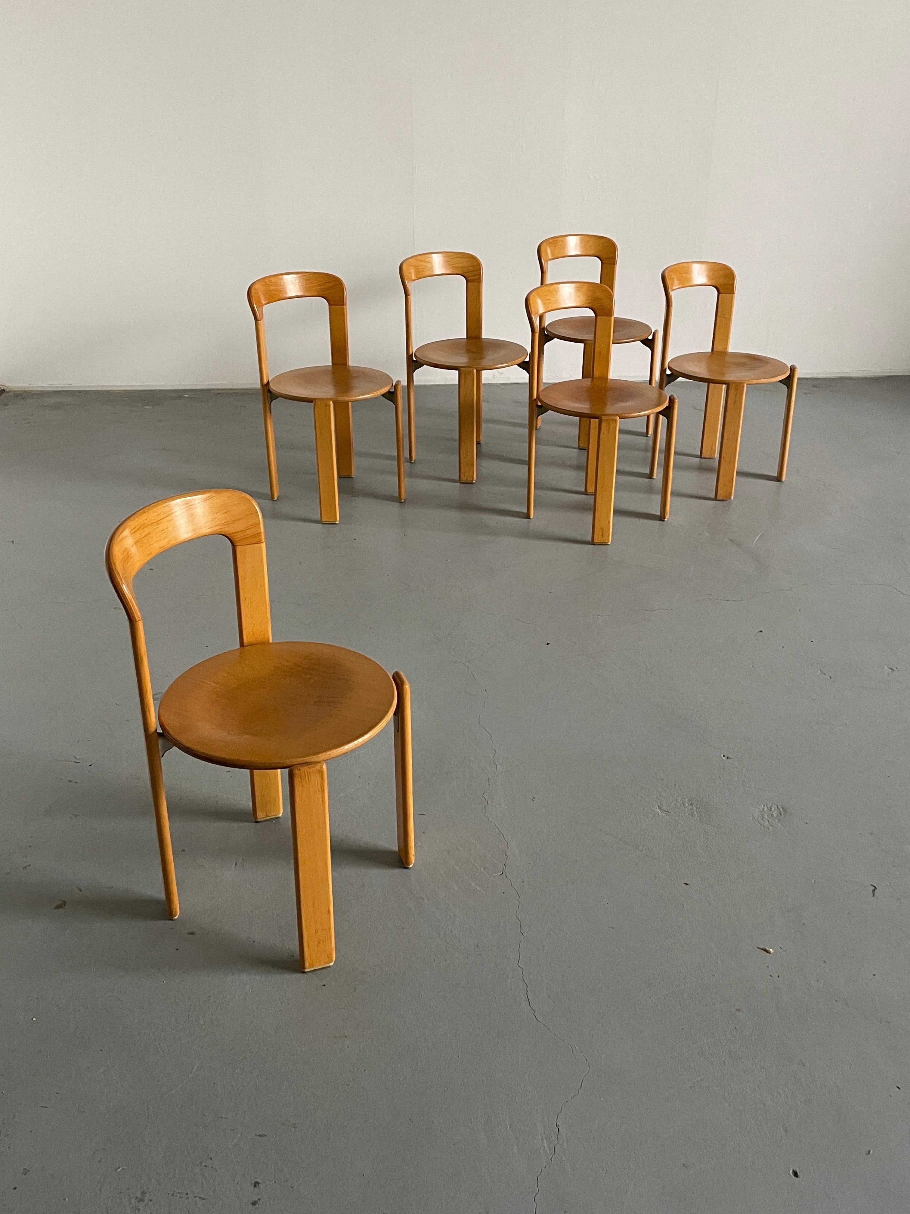 Set of six Mid-Century-Modern dining chairs designed by Bruno Rey in the 1970s. 
Iconic design, produced by the well known Germany manufacturer Kusch+Co in the early 1990s.

Rare natural wood edition.

The dining chairs were made of solid beech and