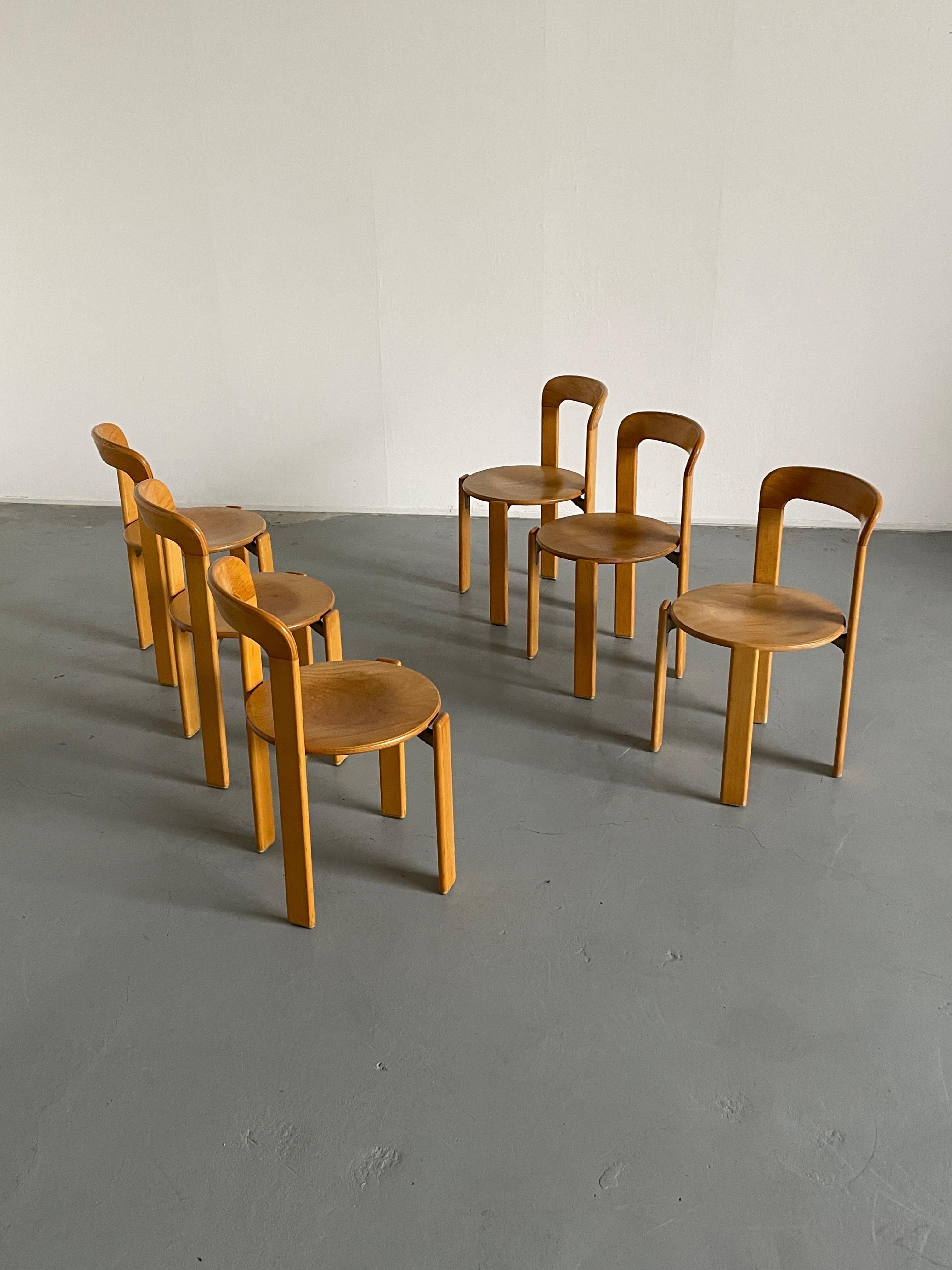 Wood Set of 6 Bruno Rey Stackable Mid-Century Modern Dining Chairs, Kusch & Co, 1990s