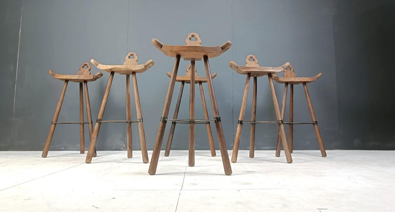 Wood Set of 6 brutalist bar stools, 1960s