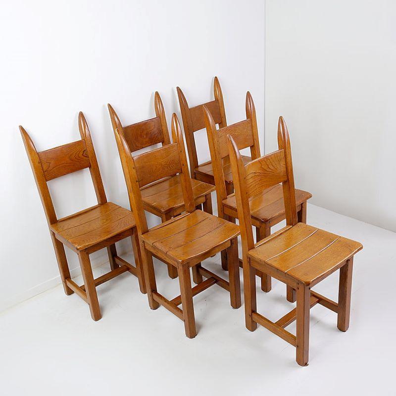Oak Set of 6 Brutalist Chairs - 1970's For Sale