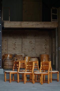Set of 6 Brutalist Chairs in Pine, Hans Jørgen Frydendal, Danish Modern, 1970s