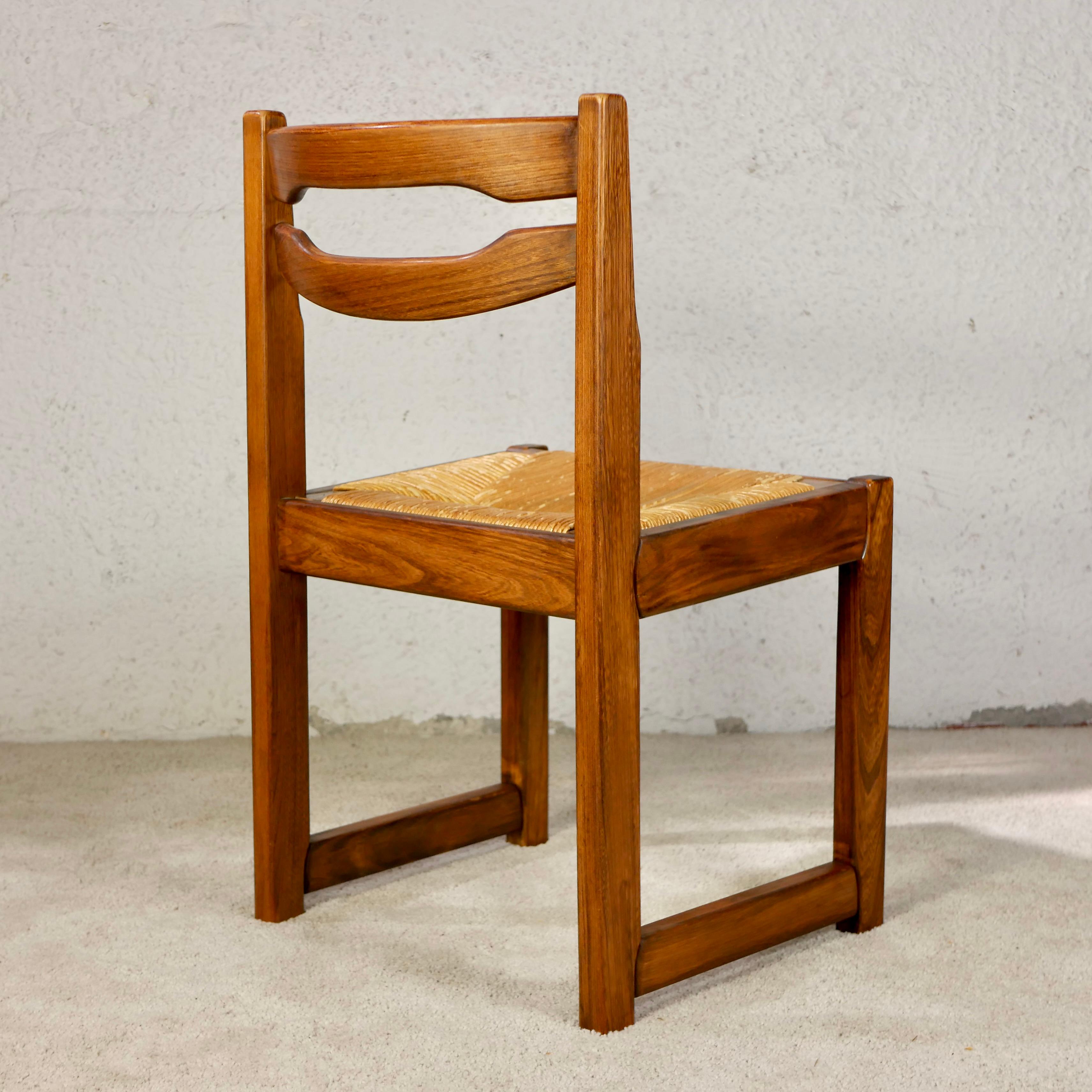 Set of 6 brutalist chairs in solid elm by Maison Regain, 1970s, France 4