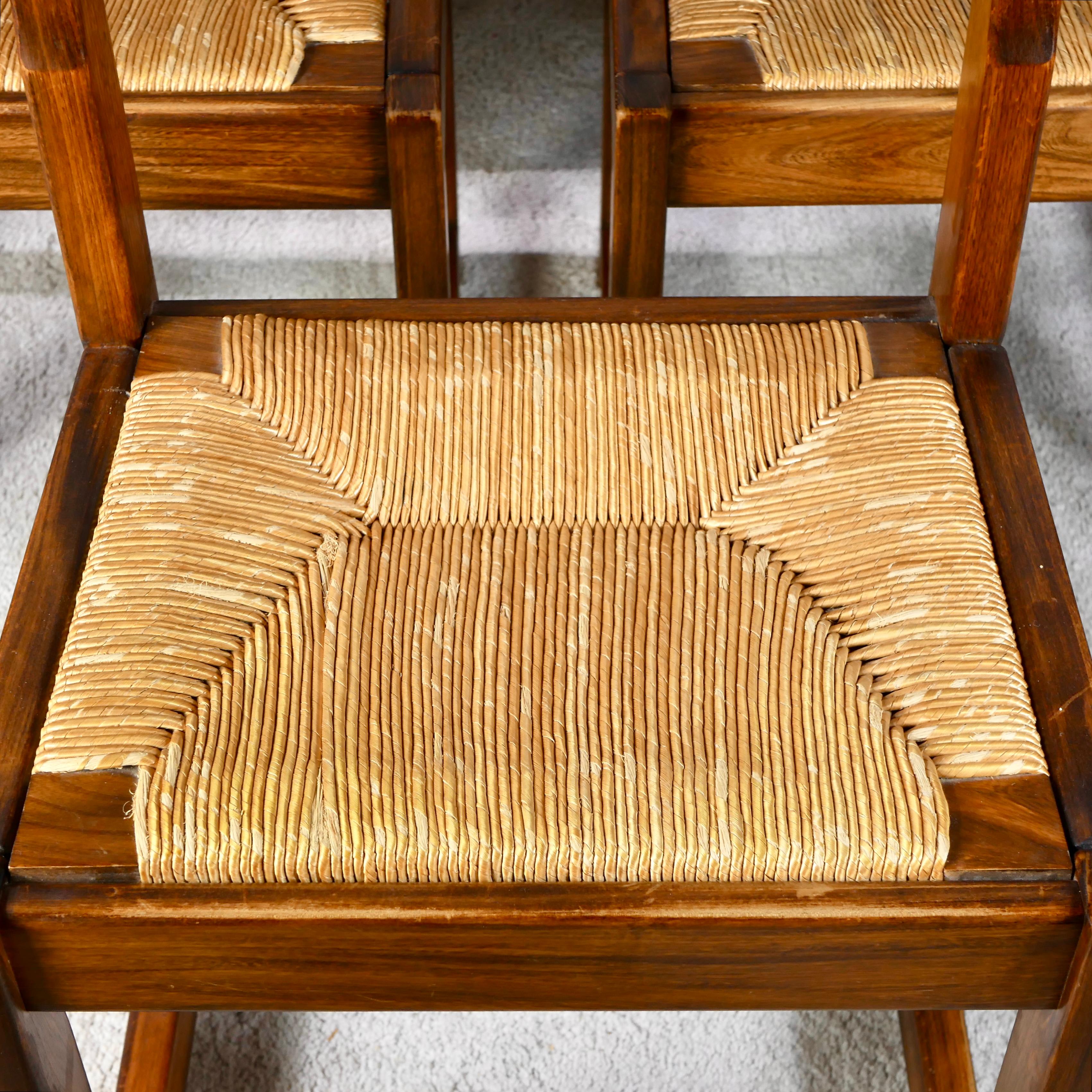 Set of 6 brutalist chairs in solid elm by Maison Regain, 1970s, France 5
