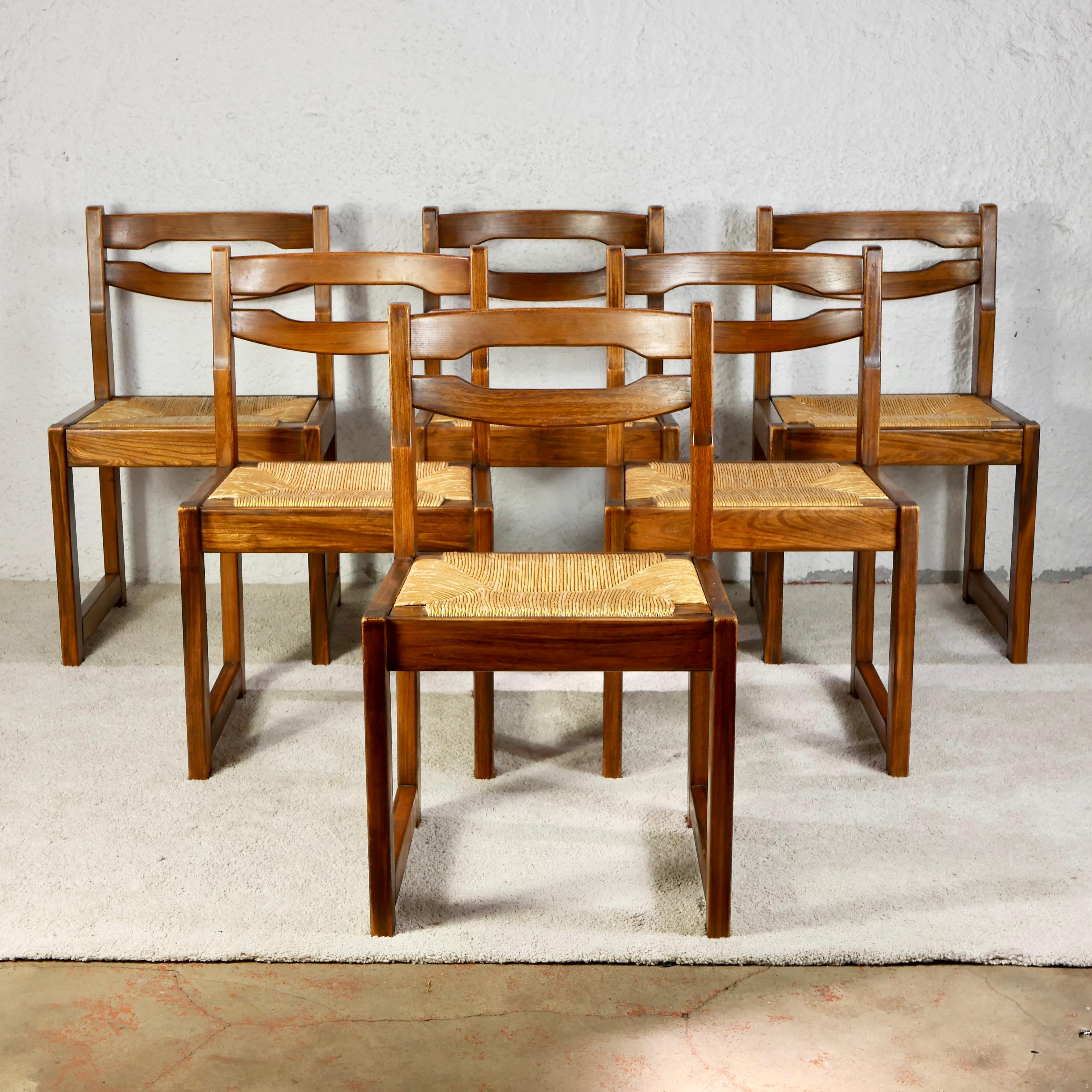 Brutalist Set of 6 brutalist chairs in solid elm by Maison Regain, 1970s, France