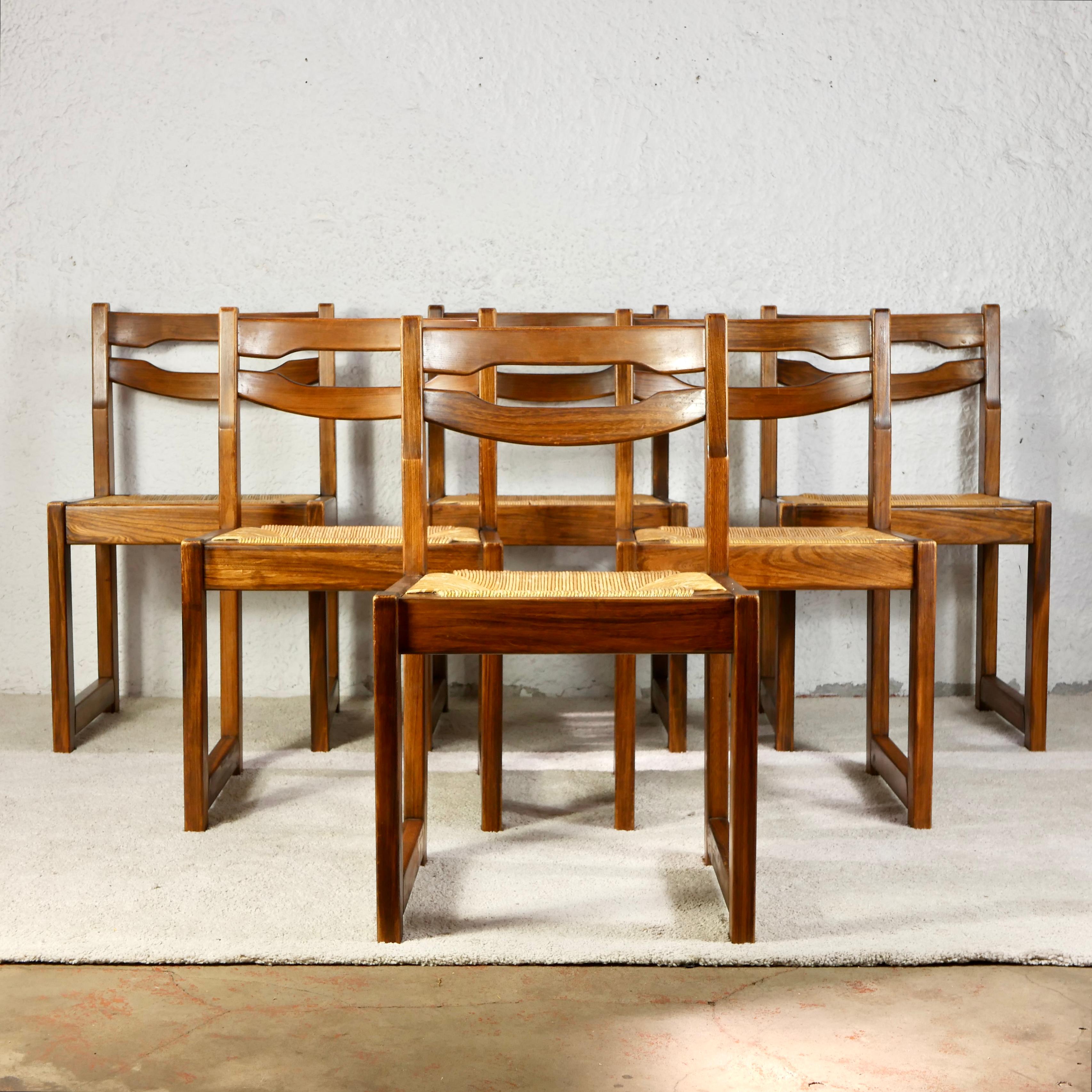 French Set of 6 brutalist chairs in solid elm by Maison Regain, 1970s, France