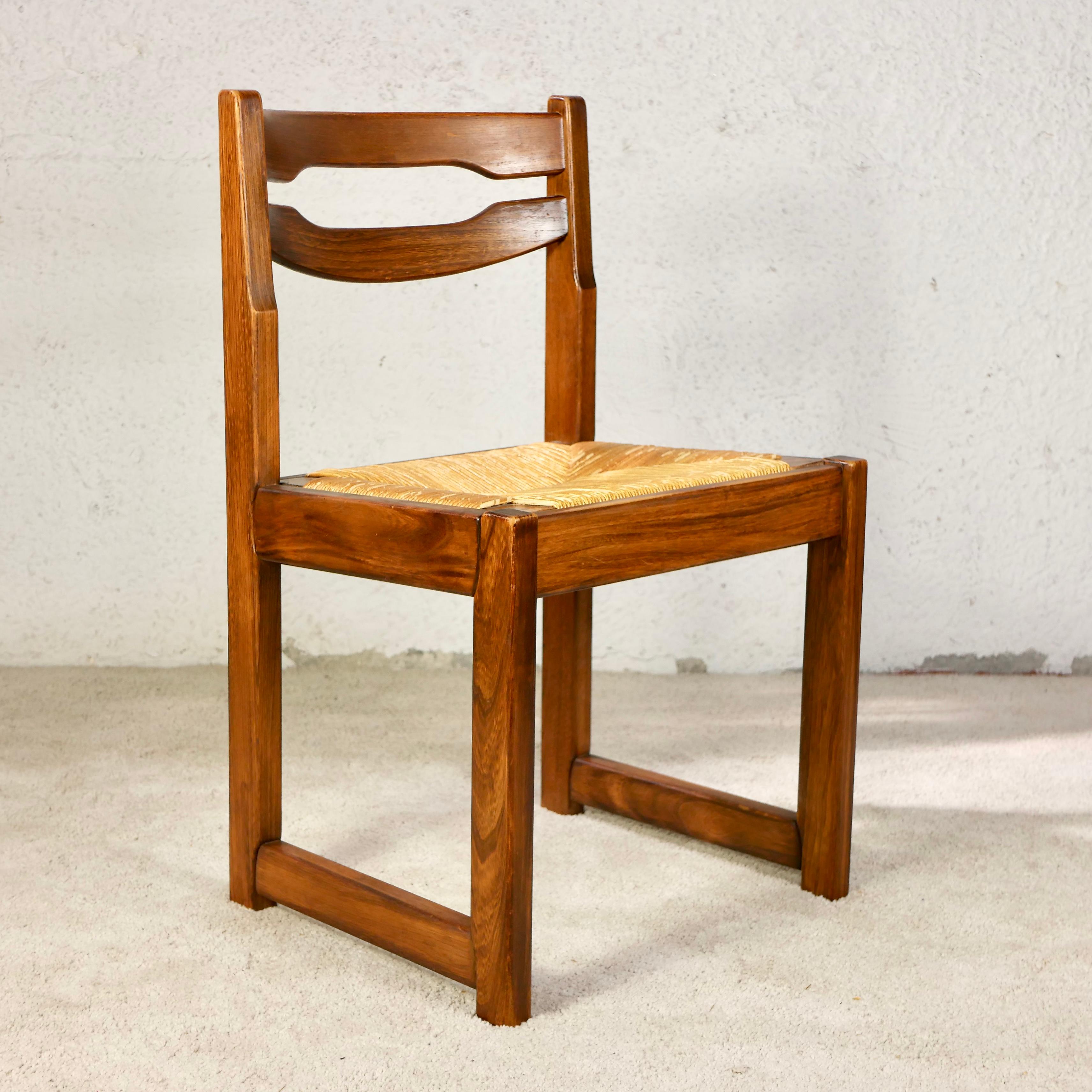 Set of 6 brutalist chairs in solid elm by Maison Regain, 1970s, France 2