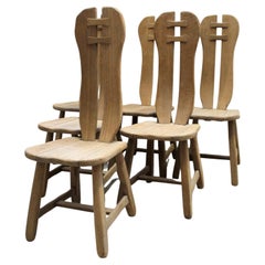 Set of 6 Brutalist Chairs in Solid Oak, by De Puydt. Belgium, 1970s