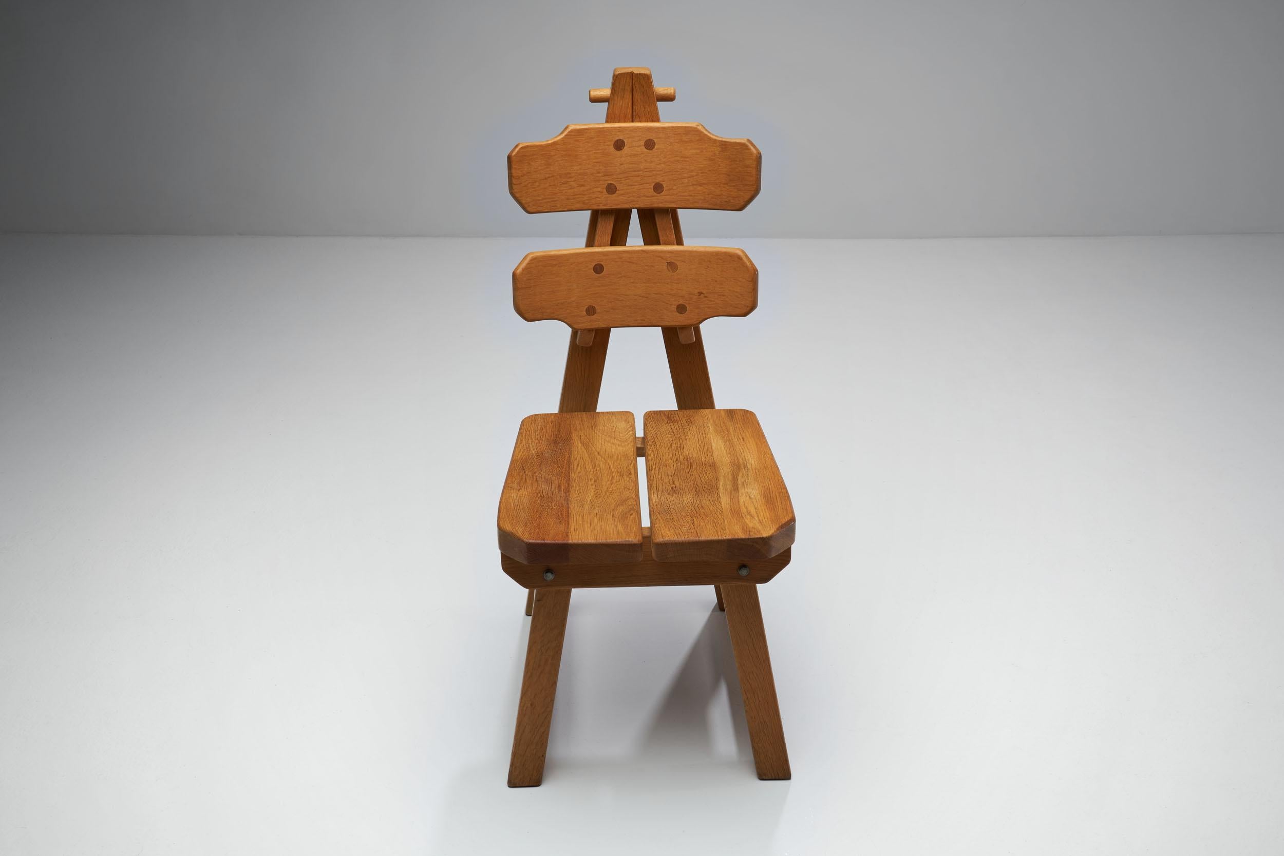 Set of 6 Brutalist Chairs in Solid Oak, Spain 1970s For Sale 2