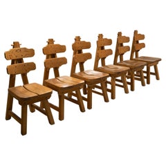 Set of 6 Brutalist Chairs in Solid Oak, Spain 1970s