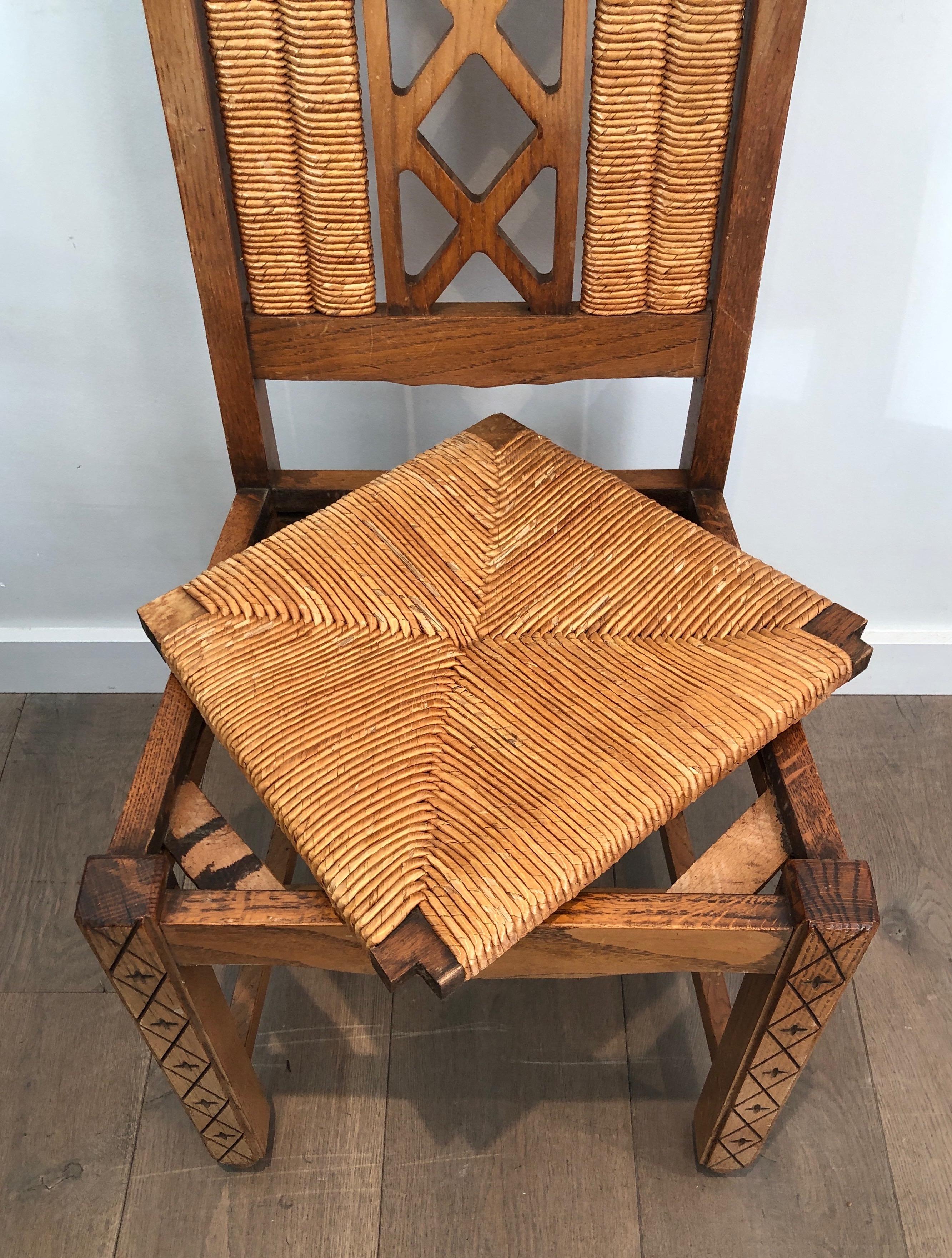 Set of 6 Brutalist Chairs Made of Ash and Straw, French Work, Circa 1950 For Sale 7
