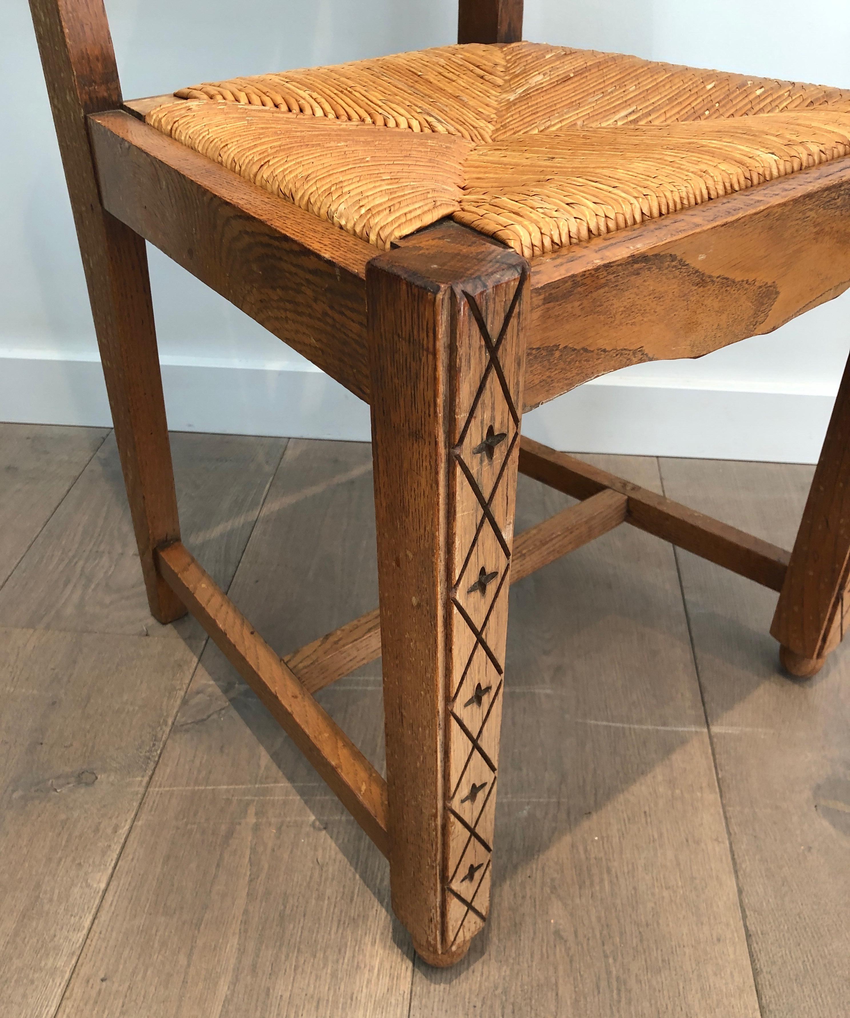 Set of 6 Brutalist Chairs Made of Ash and Straw, French Work, Circa 1950 For Sale 8