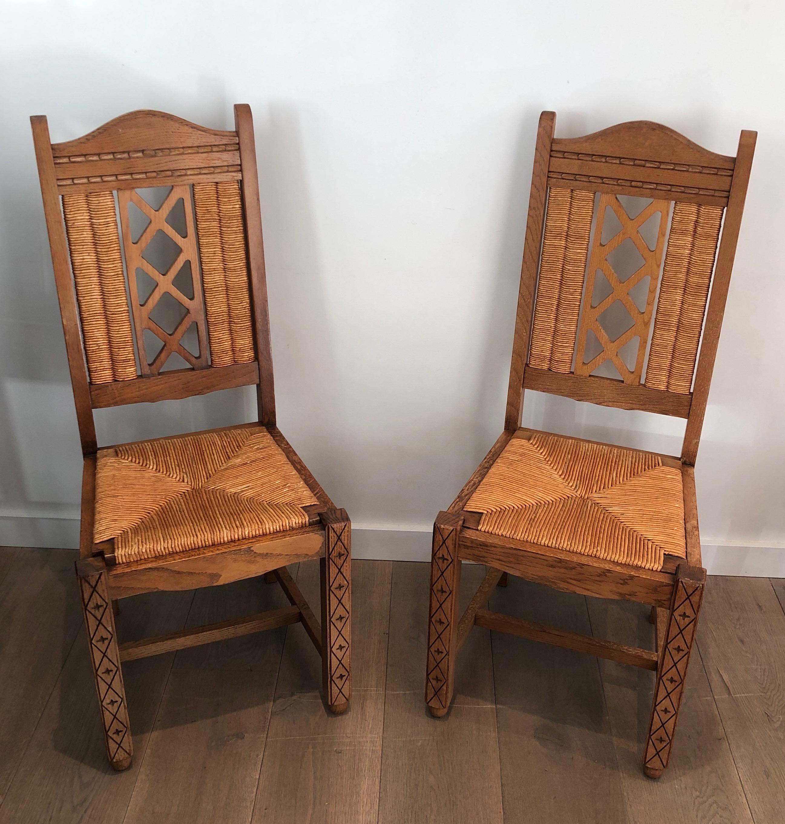 Set of 6 Brutalist Chairs Made of Ash and Straw, French Work, Circa 1950 For Sale 14