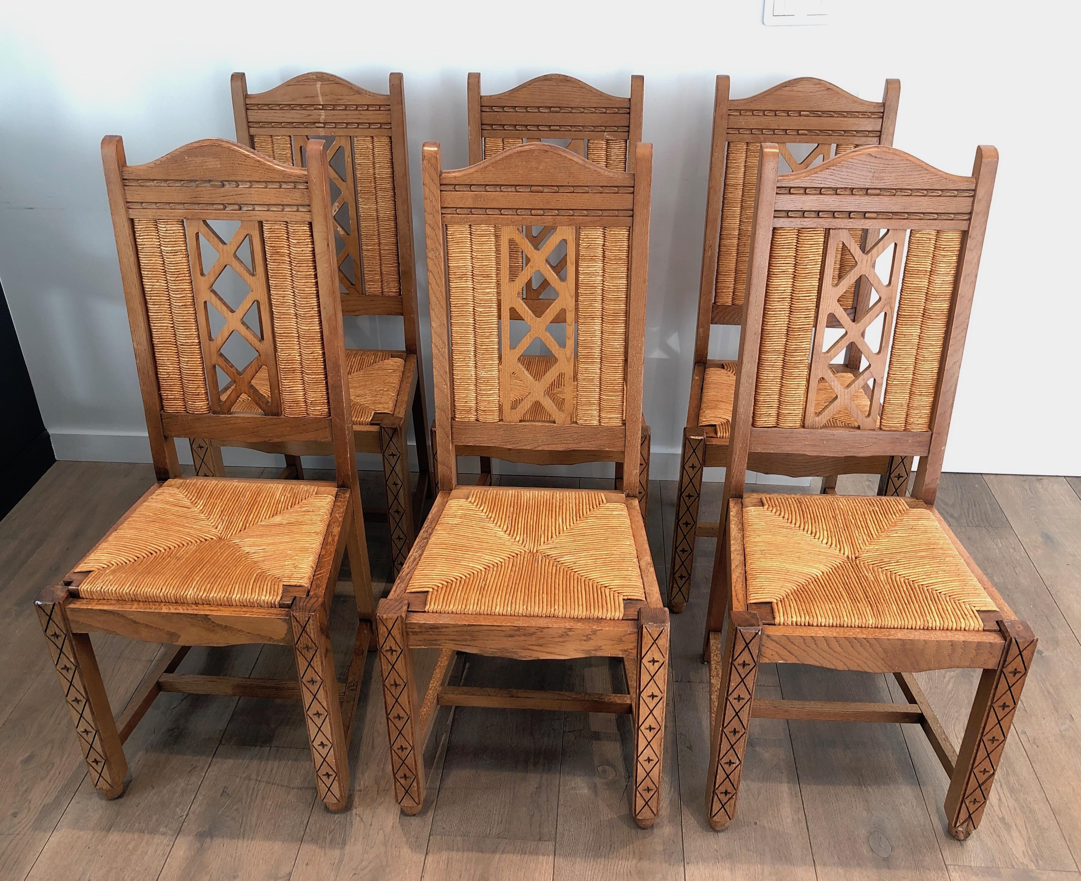Set of 6 Brutalist Chairs Made of Ash and Straw, French Work, Circa 1950 For Sale 15