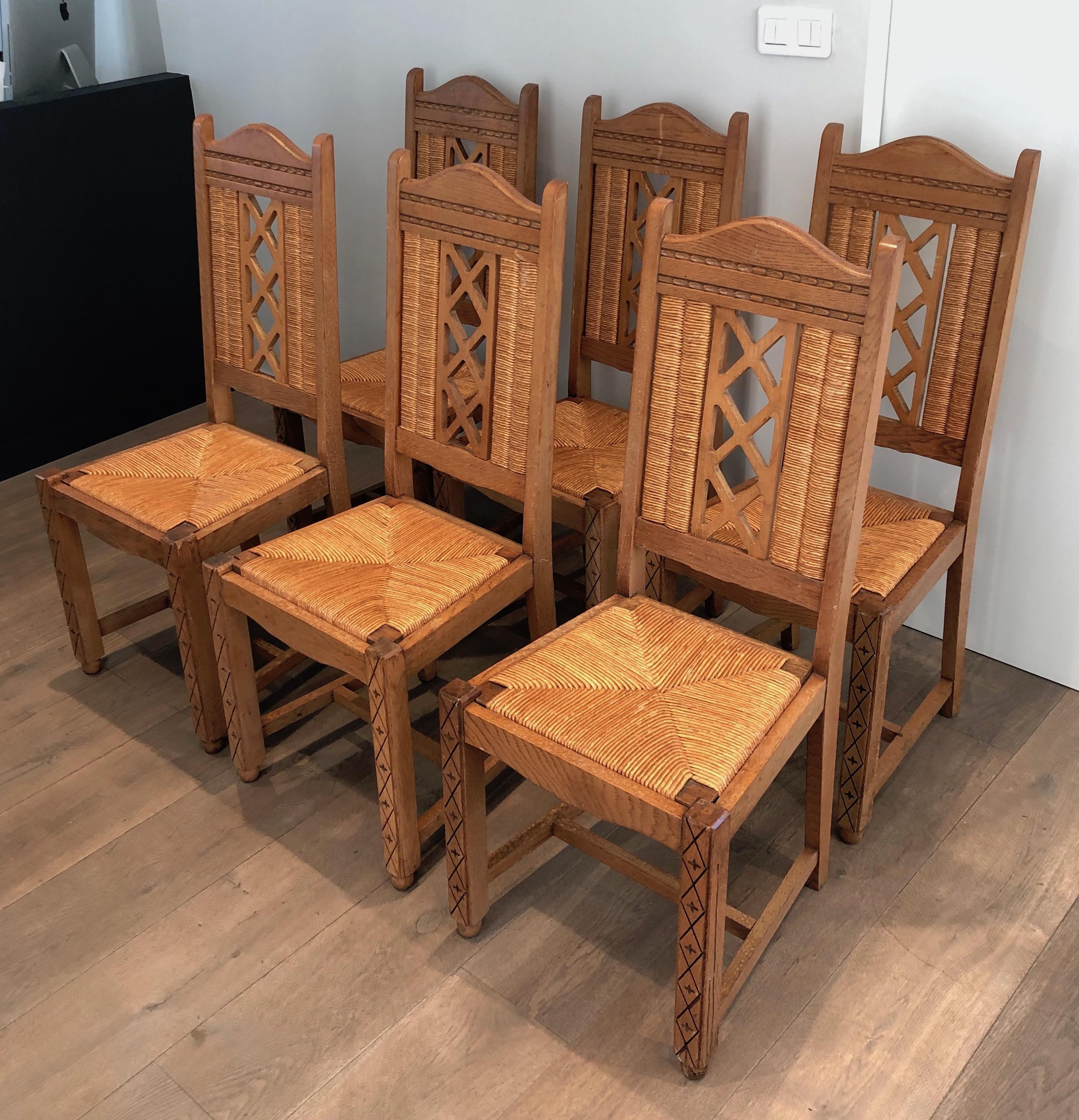 Set of 6 Brutalist Chairs Made of Ash and Straw, French Work, Circa 1950 For Sale 16