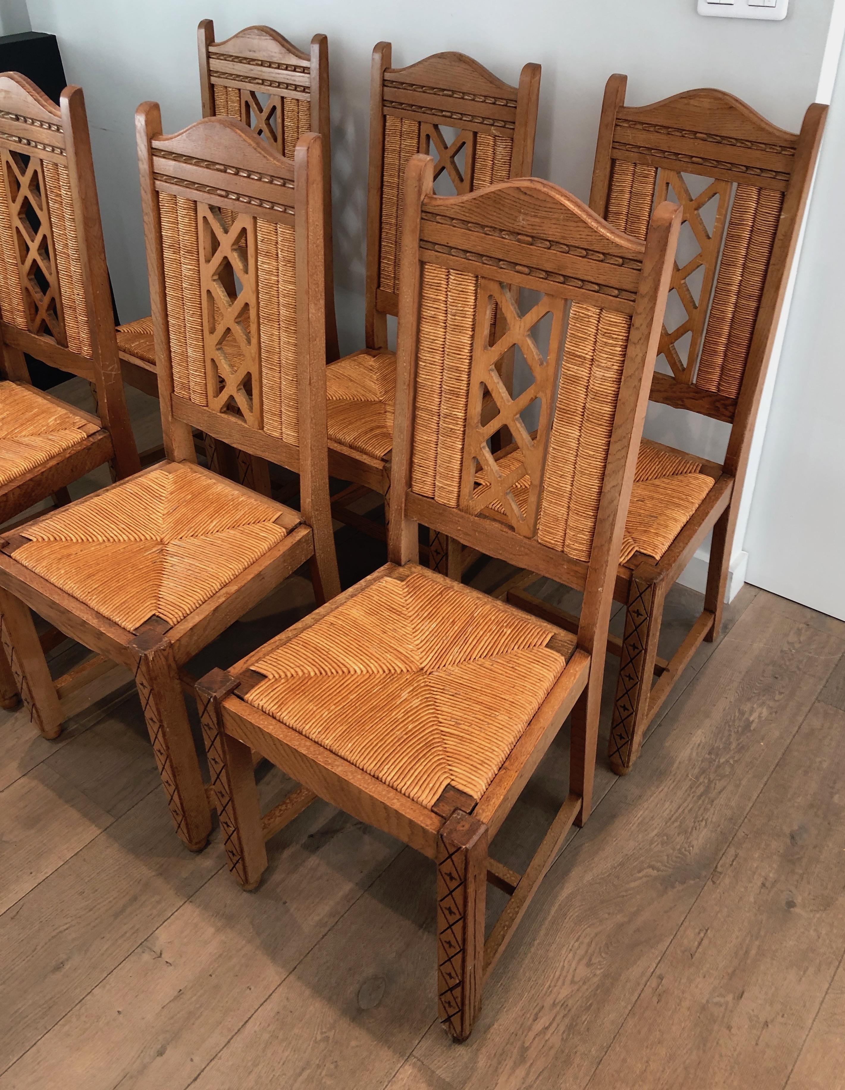 Set of 6 Brutalist Chairs Made of Ash and Straw, French Work, Circa 1950 In Good Condition For Sale In Marcq-en-Barœul, Hauts-de-France