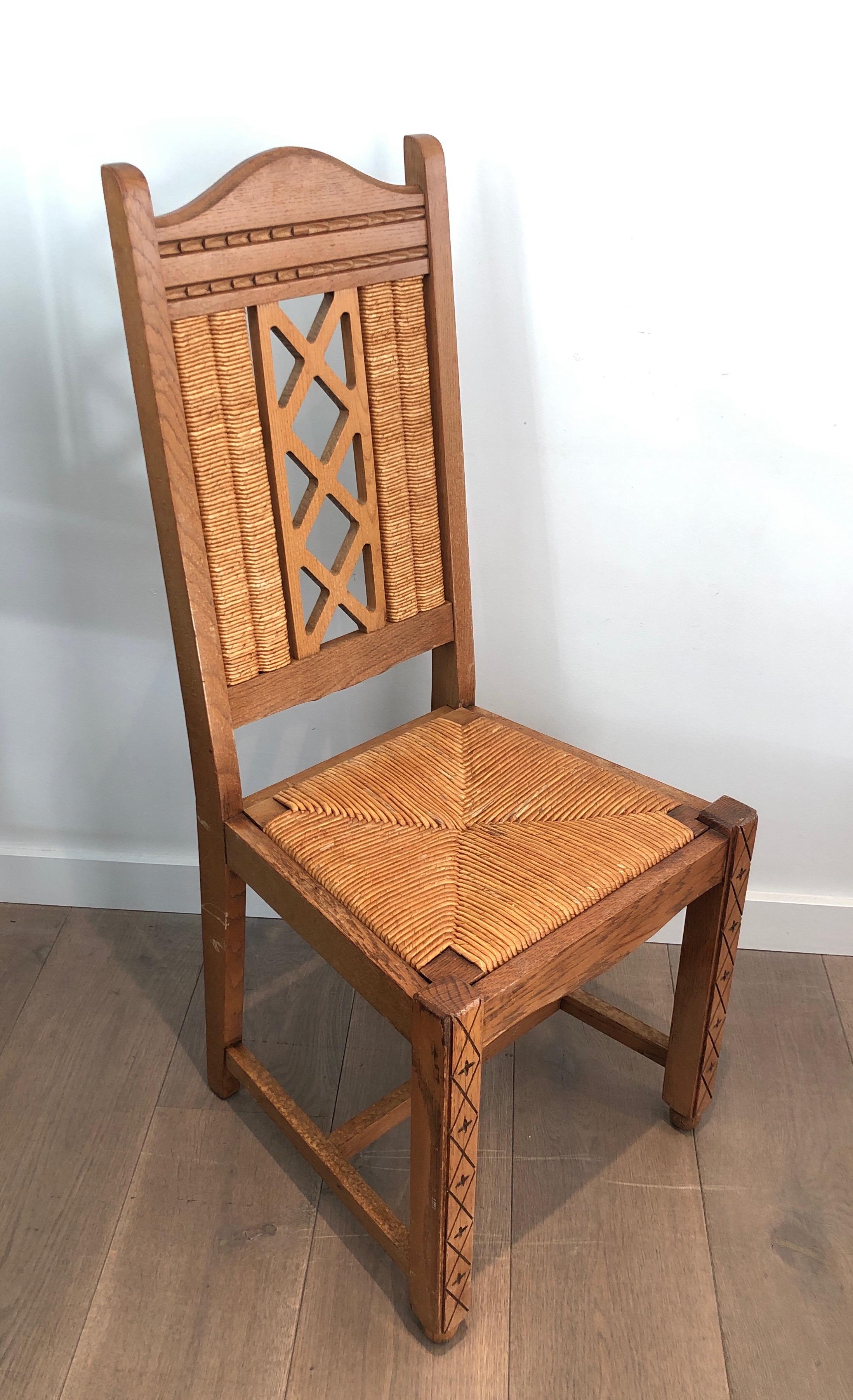 Set of 6 Brutalist Chairs Made of Ash and Straw, French Work, Circa 1950 For Sale 1