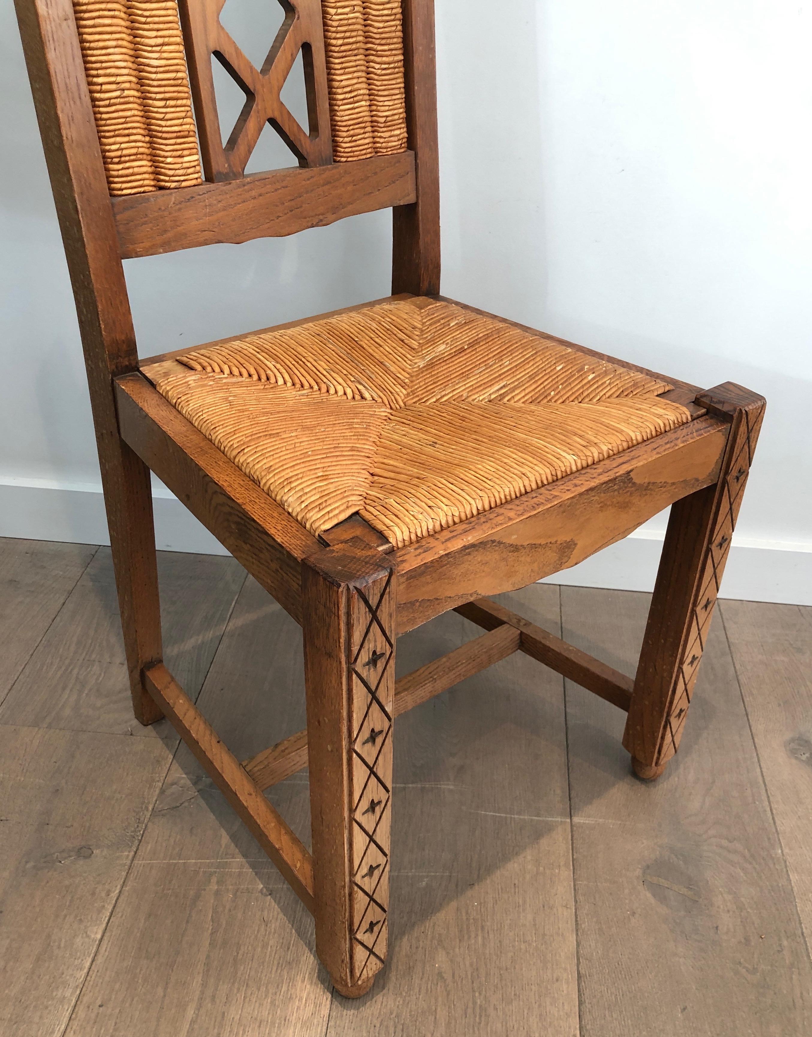 Set of 6 Brutalist Chairs Made of Ash and Straw, French Work, Circa 1950 For Sale 4