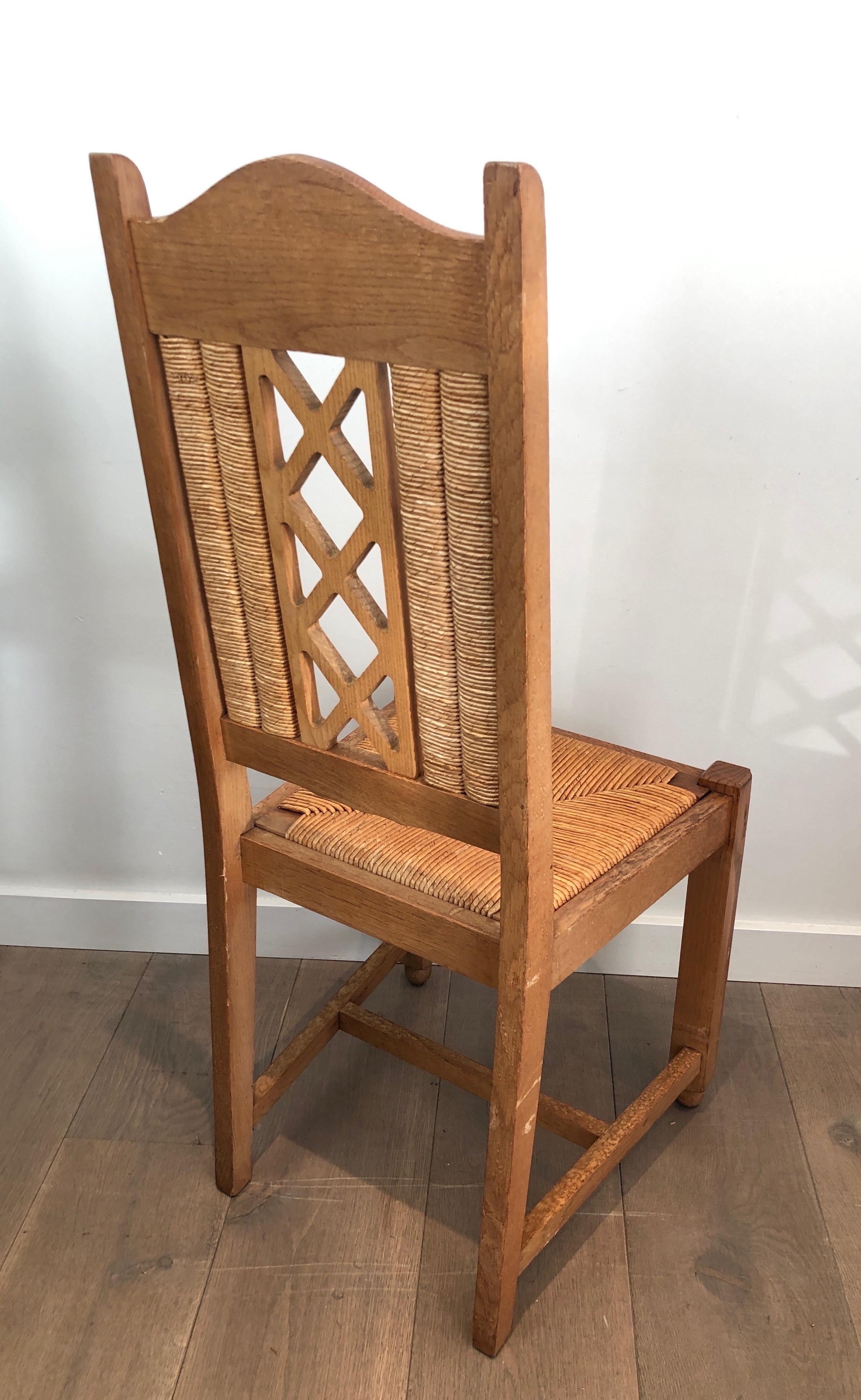 Set of 6 Brutalist Chairs Made of Ash and Straw, French Work, Circa 1950 For Sale 5