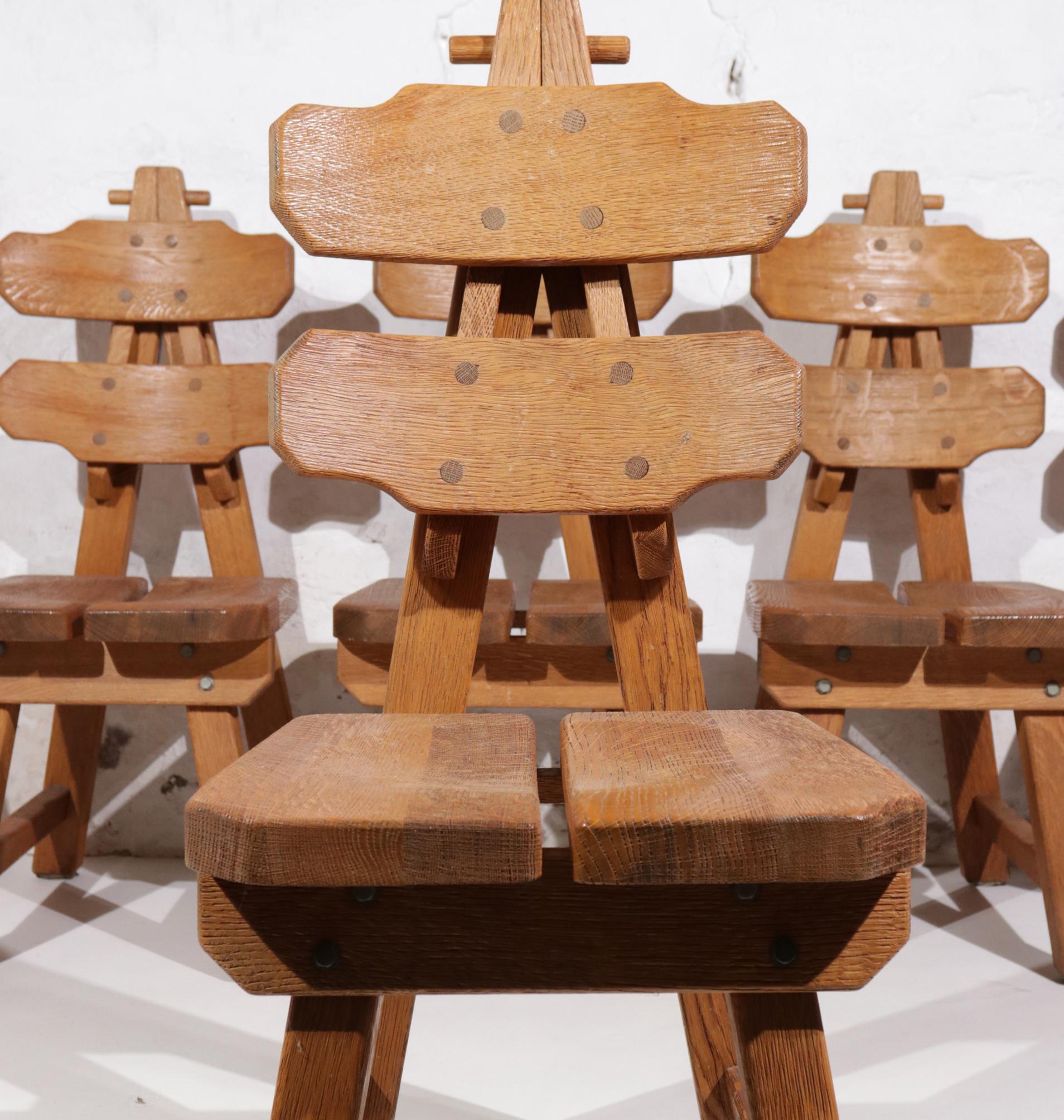 Set of 6 Brutalist Chairs, Solid Oak, Spain, 1970s For Sale 5
