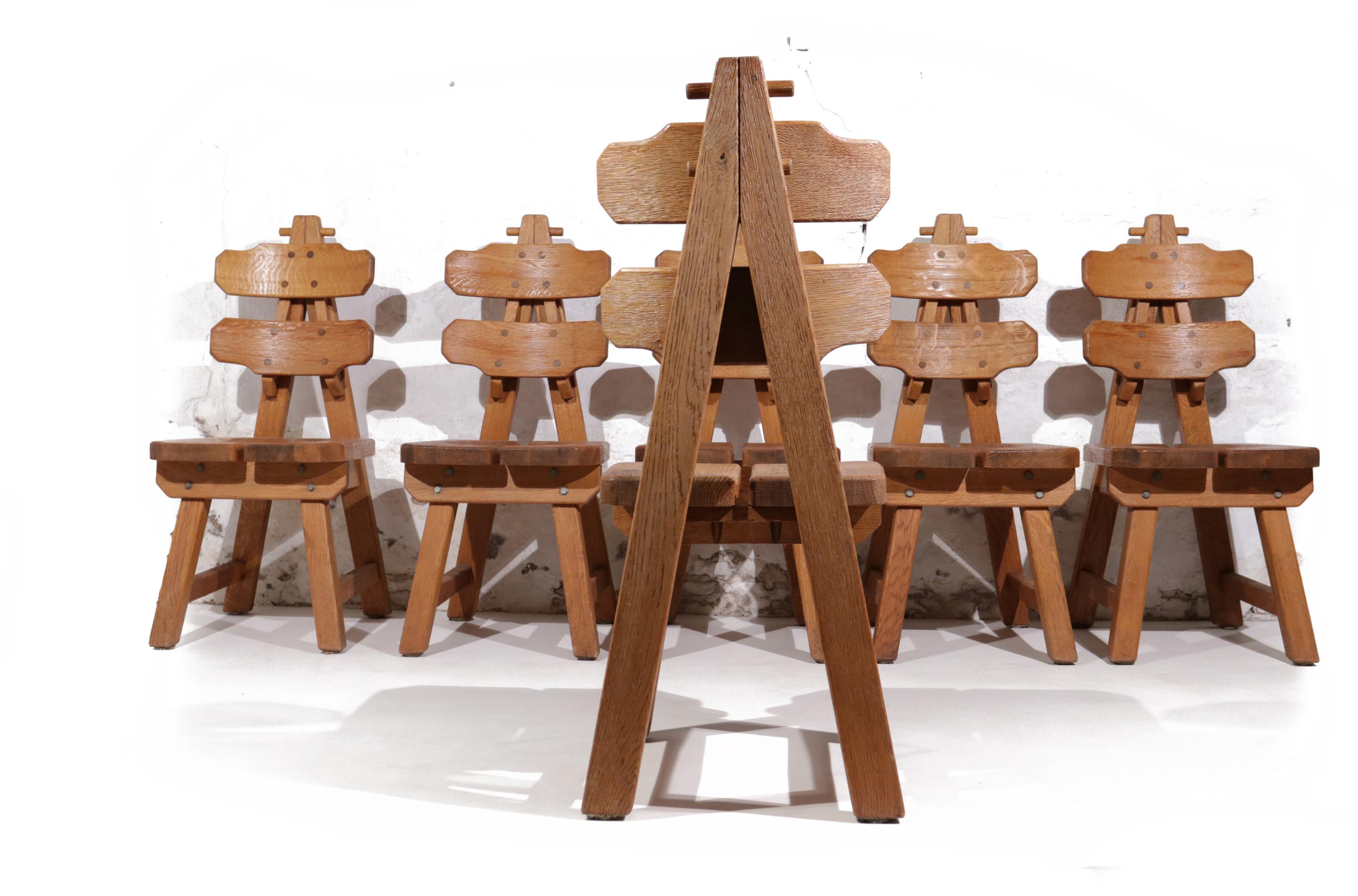 Set of 6 Brutalist Chairs, Solid Oak, Spain, 1970s For Sale 6