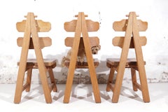 Set of 6 Brutalist Chairs, Solid Oak, Spain, 1970s
