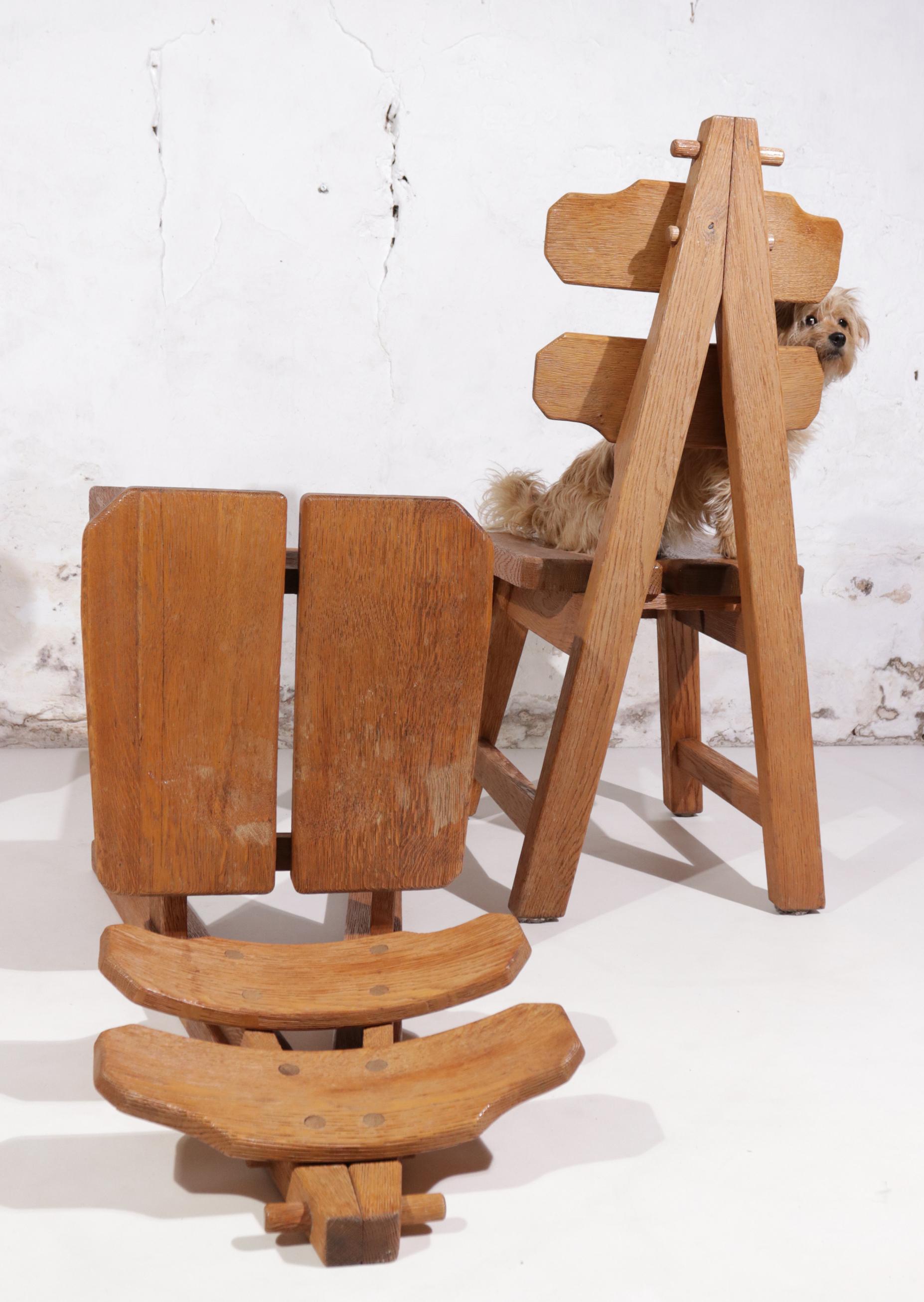 Brushed Set of 6 Brutalist Chairs, Solid Oak, Spain, 1970s For Sale