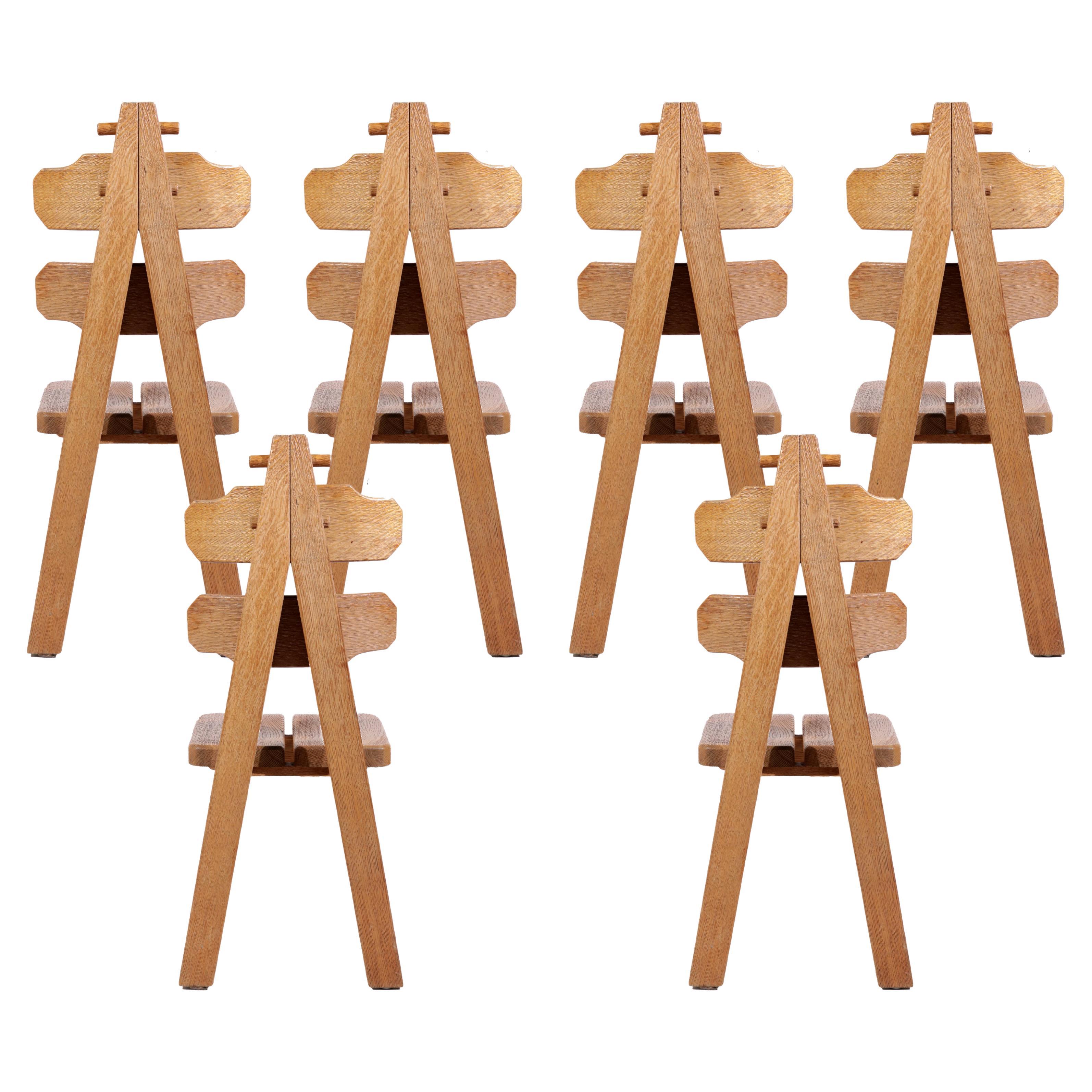 Set of 6 Brutalist Chairs, Solid Oak, Spain, 1970s