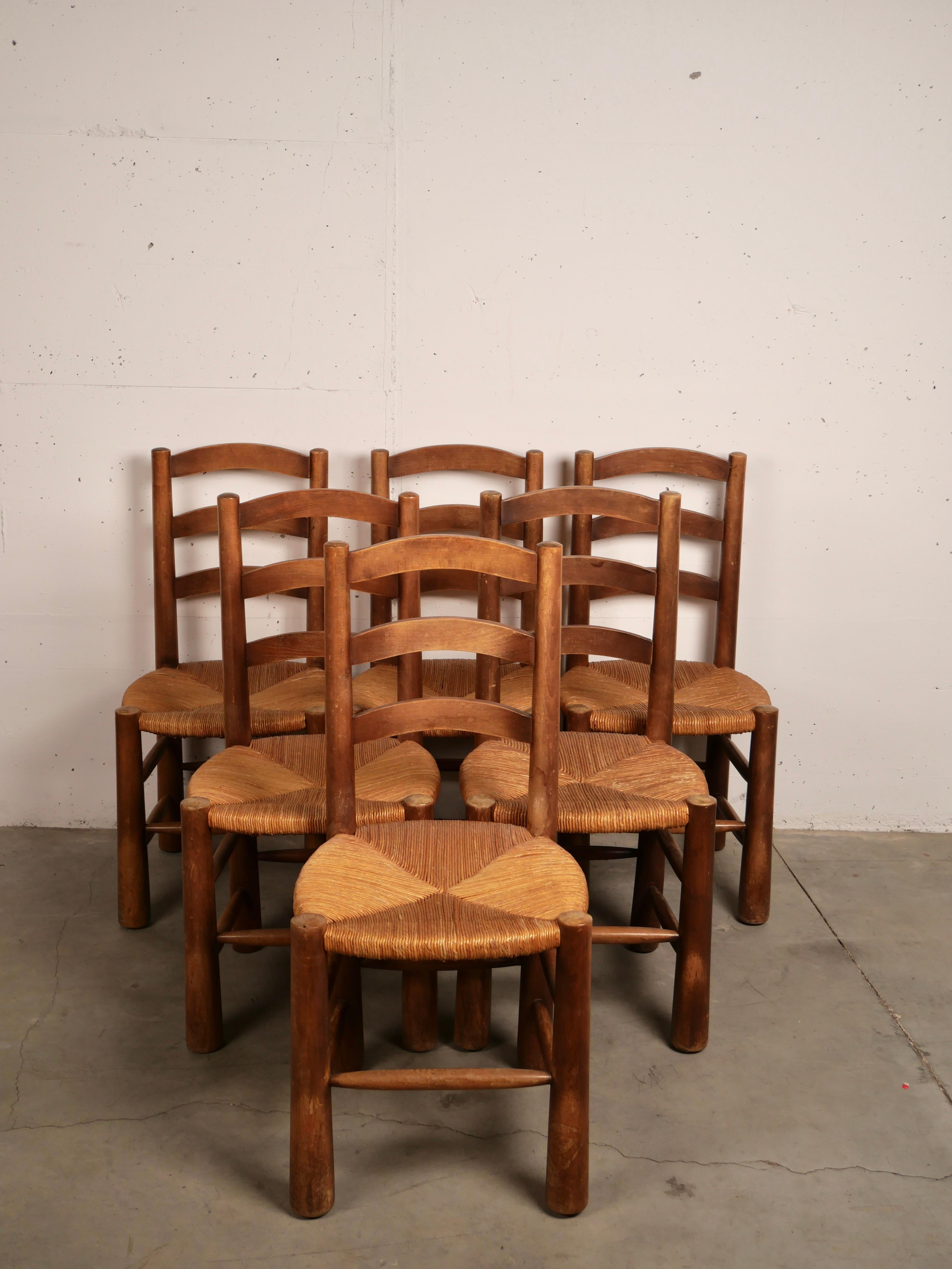 Set of 6 Brutalist Chalet Chairs, Solid Wood and Straw Georges Robert, 1950 5