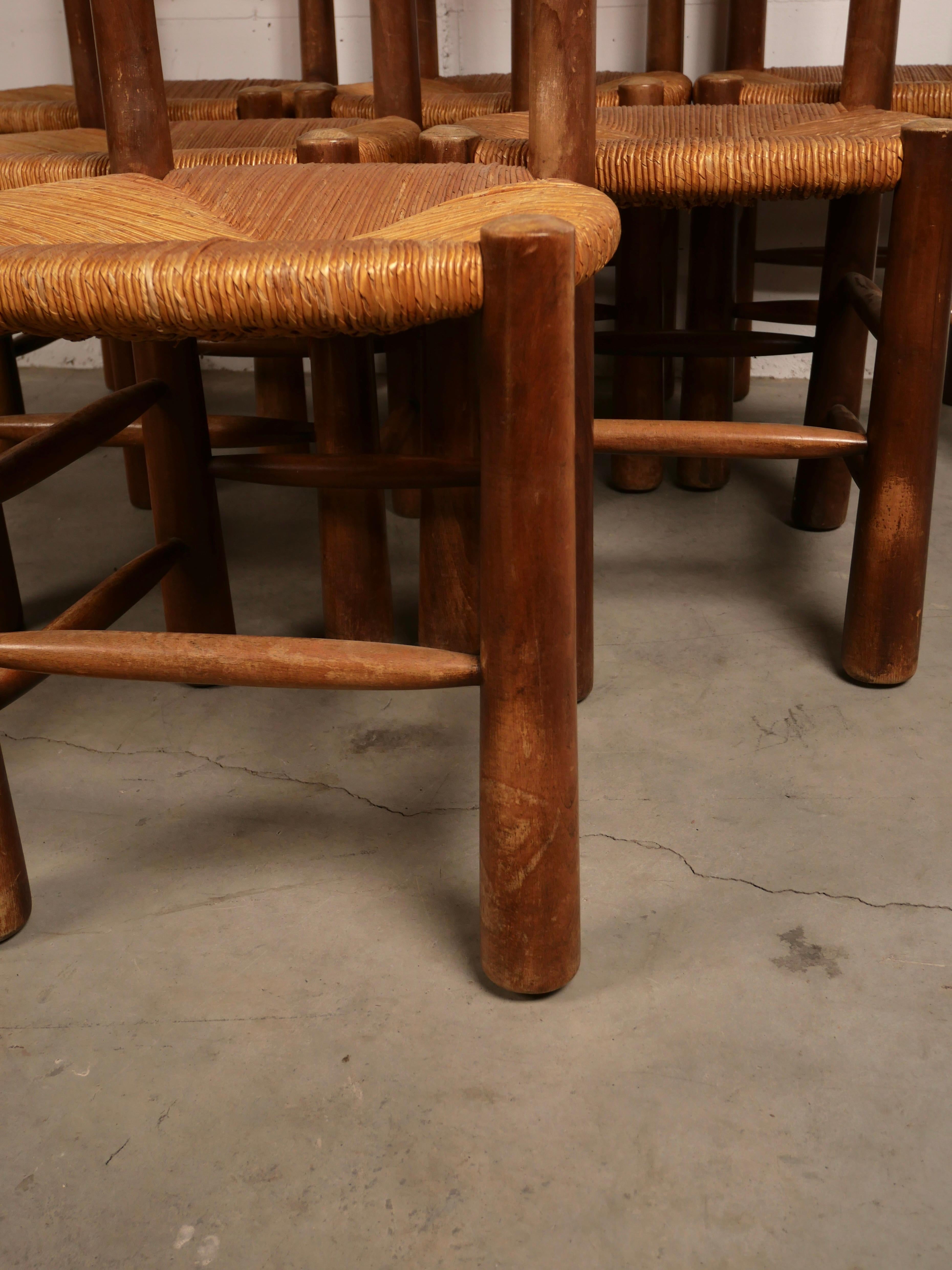 Set of 6 Brutalist Chalet Chairs, Solid Wood and Straw Georges Robert, 1950 6