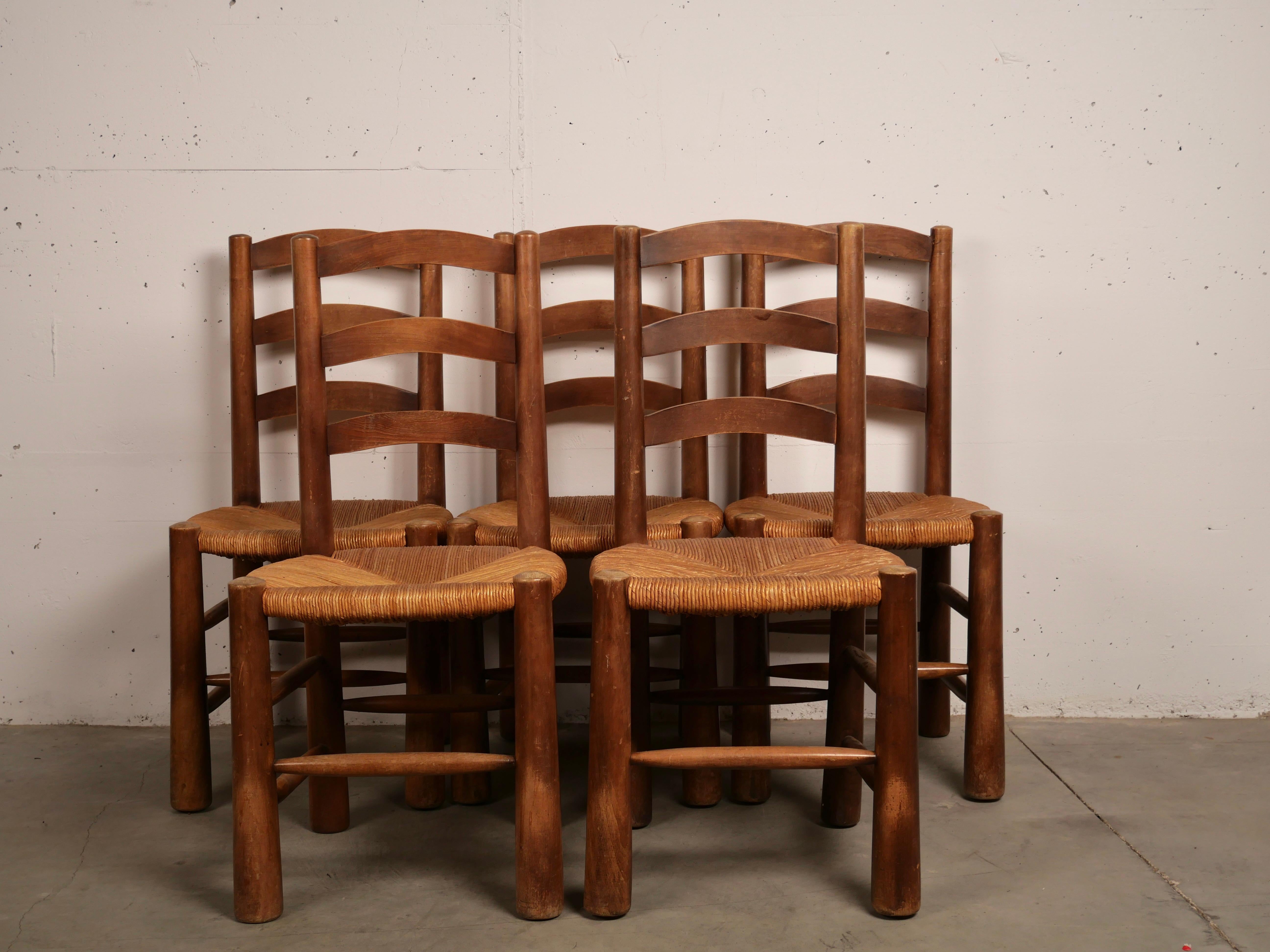 Set of 6 Brutalist Chalet Chairs, Solid Wood and Straw Georges Robert, 1950 8